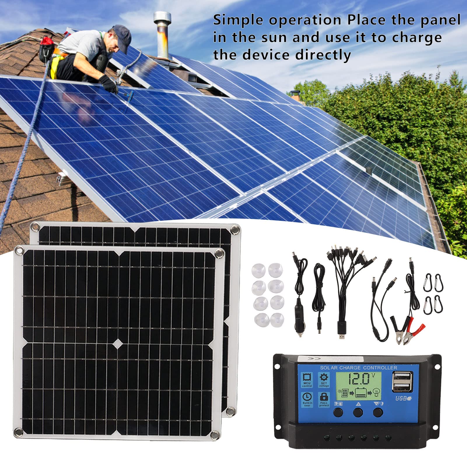 Kit pannello solare da 50 W, pannello solare portatile in silicio monocristallino impermeabile IP65 12 V 24 V con regolatore di carica da 60 A Doppia uscita USB per campeggio