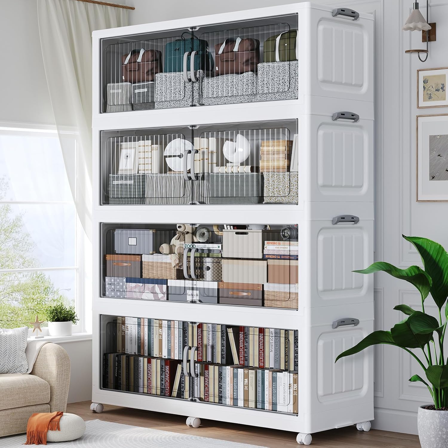 200Gal Extra Large Stackable Storage Bins with Lid, 800QT Foldable Collapsible Storage Box with Doors and Wheels, Plastic Closet Organizers Container Drawer for Bedroom Dorm Kitchen, 4Pack