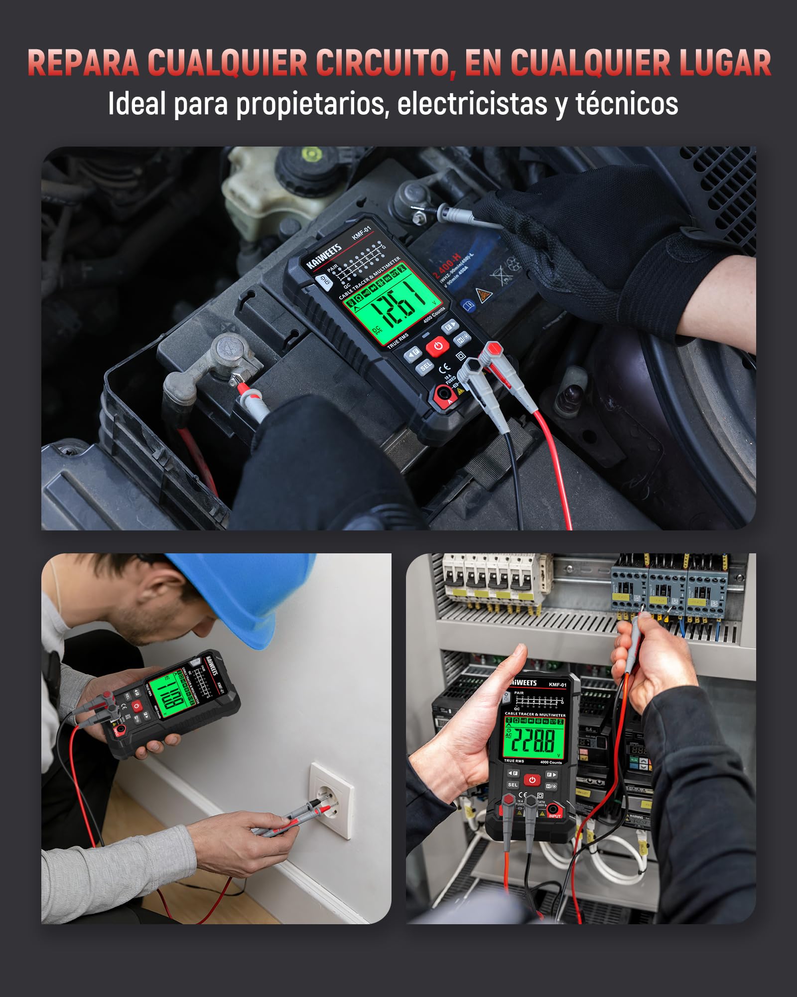 KAIWEETS Multímetro Digital y Localizador de Cables 3 en 1, Polimetro digital Automático 4000 cuentas RMS reales, Lcalizador de Cables RJ45/RJ11 con NCV para Electricistas, Bricolaje Doméstico,Etc