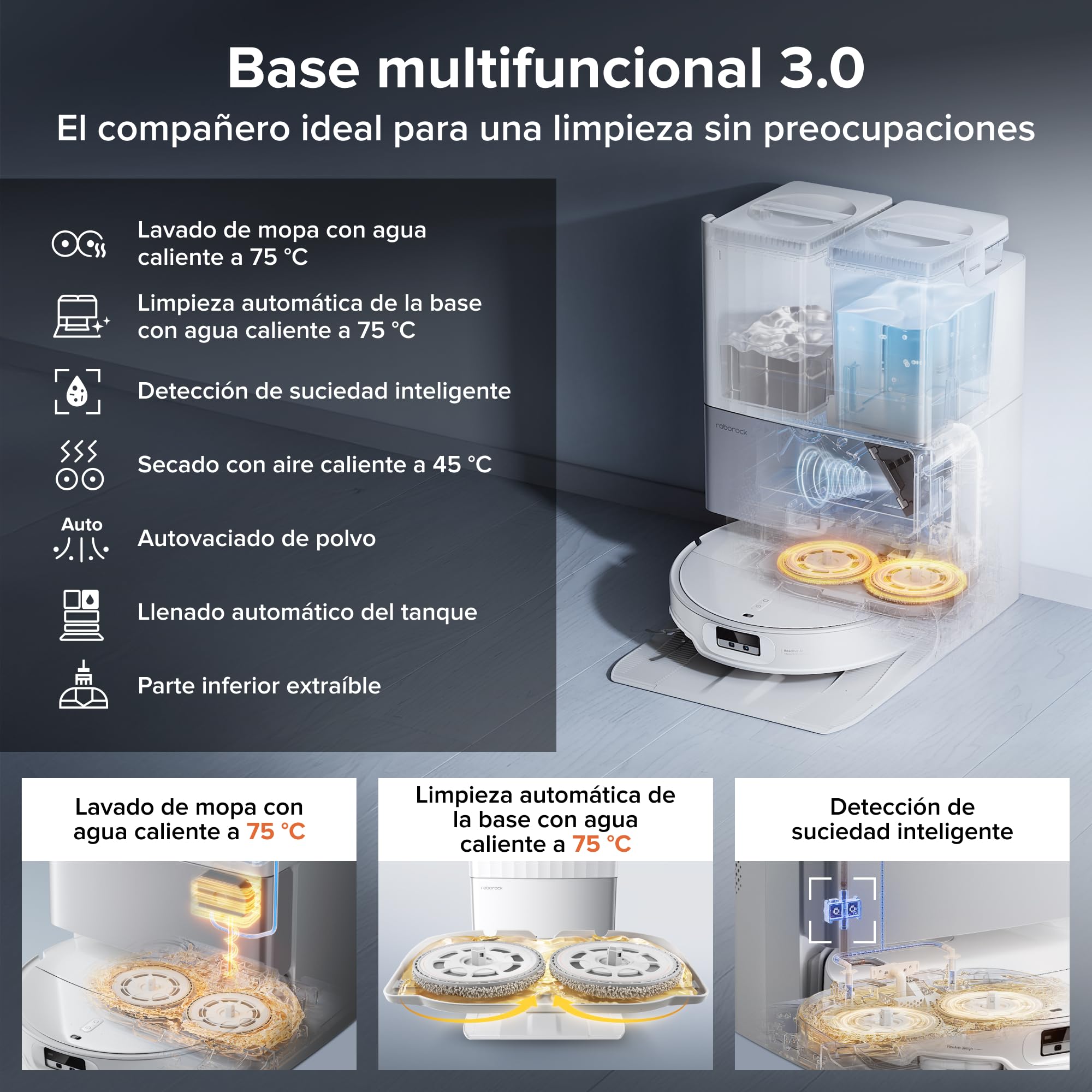 roborock Qrevo EdgeT Robot Aspirador Succión 18500 Pa, con FlexiArm | Sistema Doble Desenredos, 7,98 cm Ultrafino, Base Multifuncional 3.0 Lavar Mopa con Agua Caliente, Controlado por App y Voz