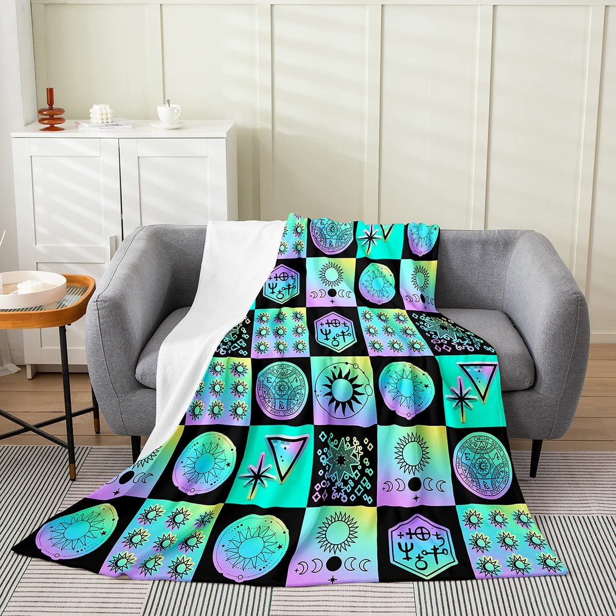 Coperta in pile Starry Sun Moon Phases, stile boho, per uomo adulto, coperta leggera in poliestere Sherpa, per divano, queen (200 x 200 cm