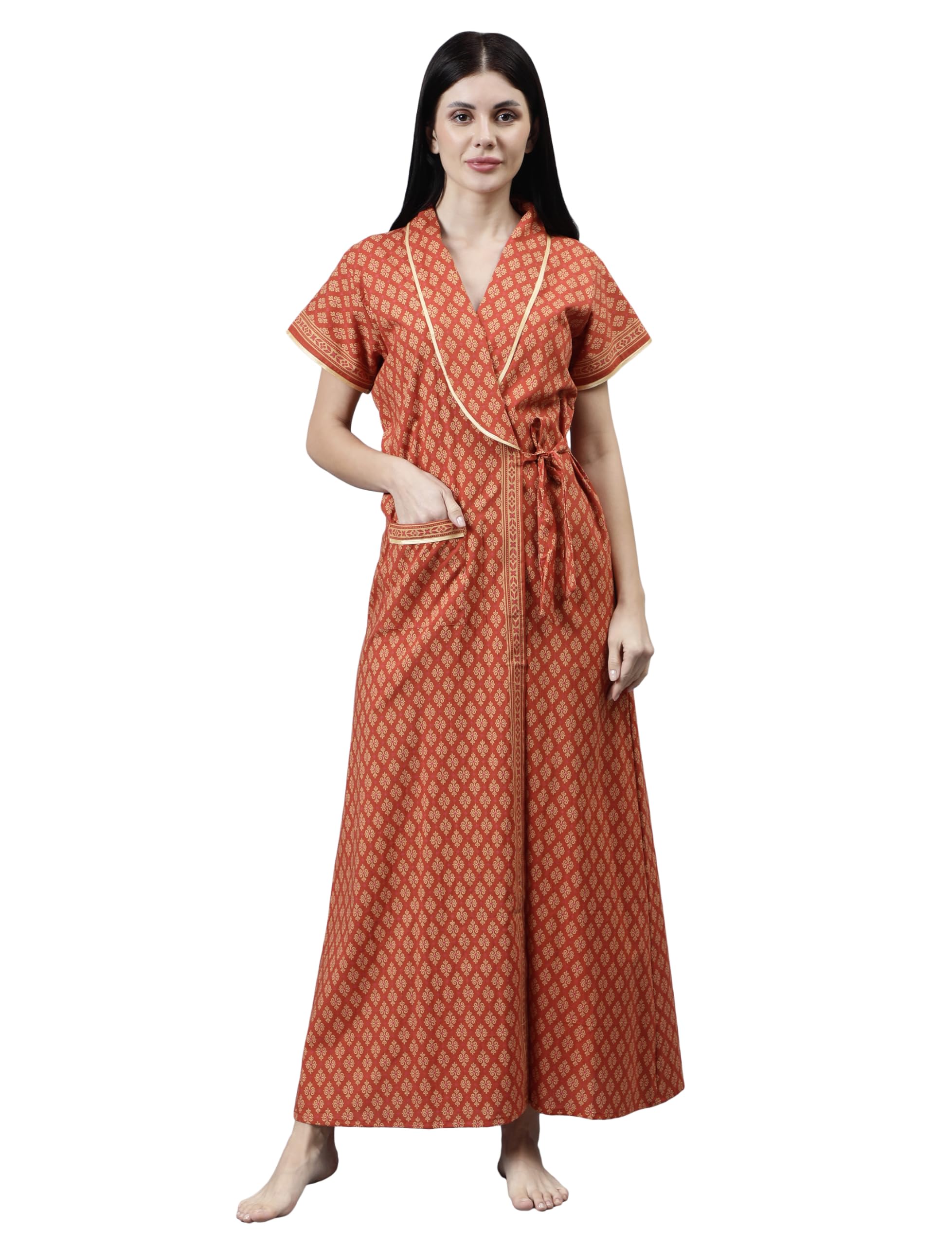 bellamy Beallamy Women's Pure Cotton Printed House Coat,Front Open Adjustable Nighty/Night wear A054-picture-30