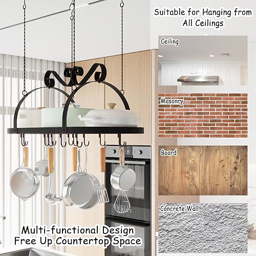 Miniatura 6 de Estante colgante para ollas, soporte de techo de metal de 33 pulgadas con 15 ganchos en S, estante de almacenamiento ovalado para ollas y sartenes,