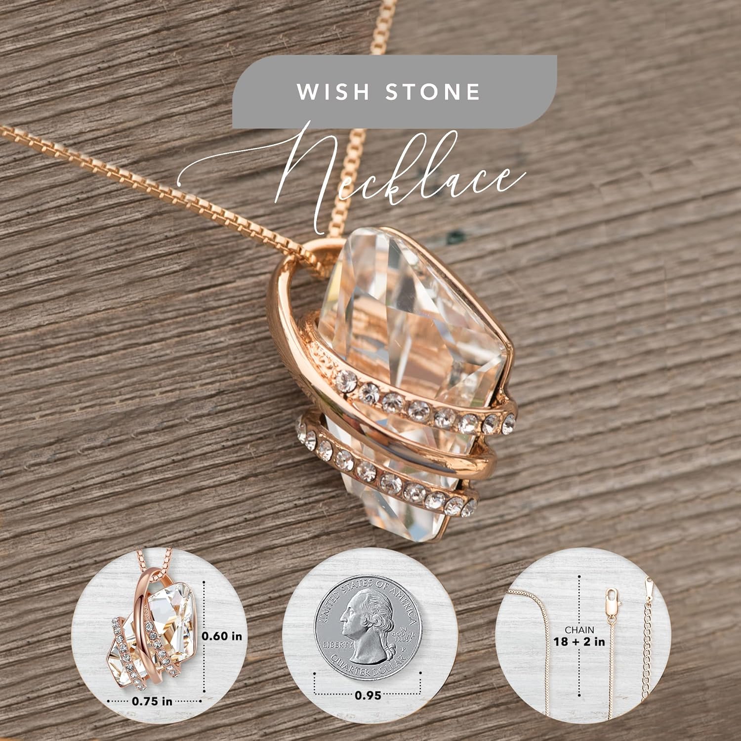 Leafael Wish Stone Pendant Necklace with Birthstone Crystal, 18K Rose Gold Plated/Silvertone, 18" + 2" - Image 3