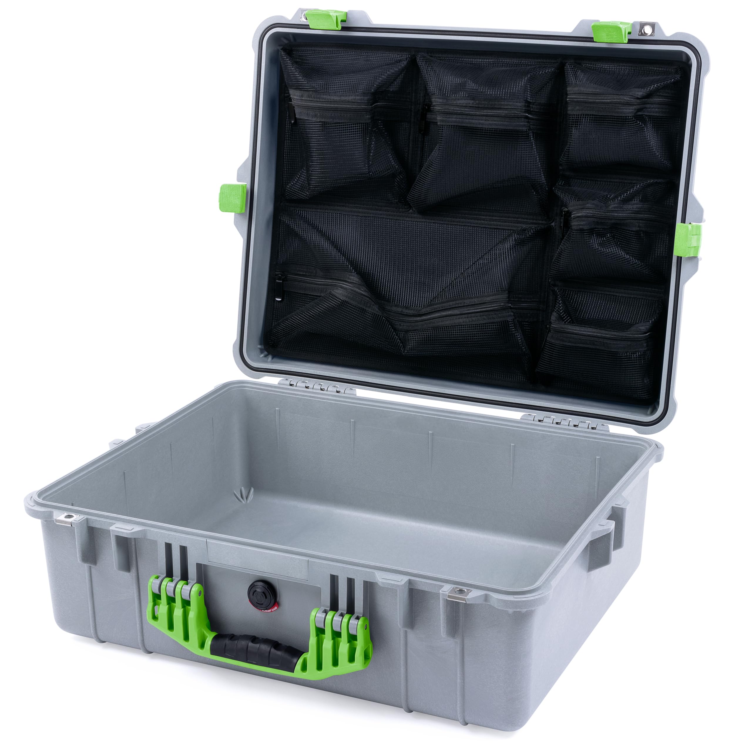 Pelican 1600 Case by ColorCase - Silver - Large Size Waterproof Case with Mesh Lid Organizer - Lime Green Handle & Latches