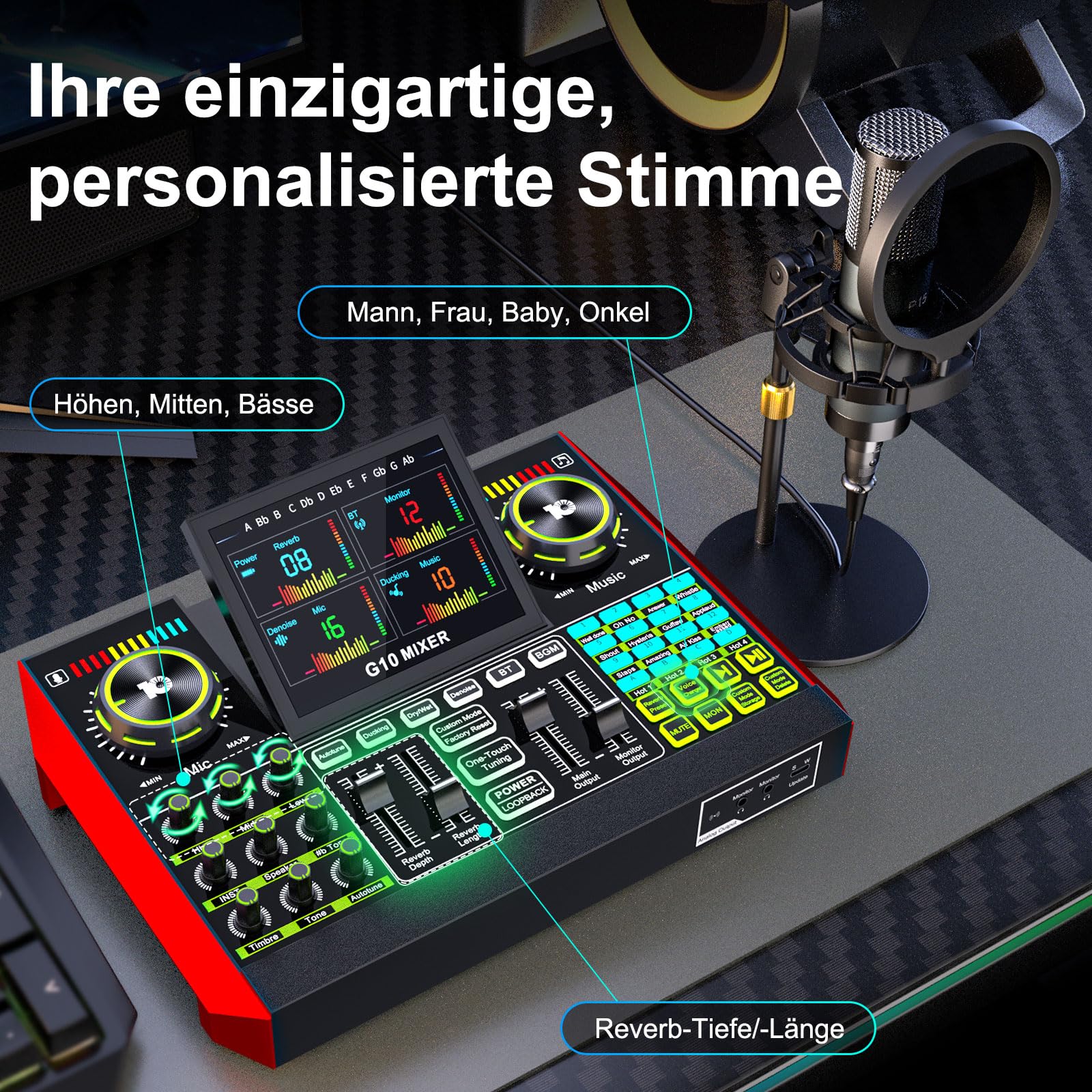 Podcast Mikrofon Set mit Audio Mixer, 3,5mm Kondensator Mikrofon für Streaming & Gesang, Voice Changer, Rauschunterdrückung, Plug & Play für PC, Handy, YouTube & TikTok Creator