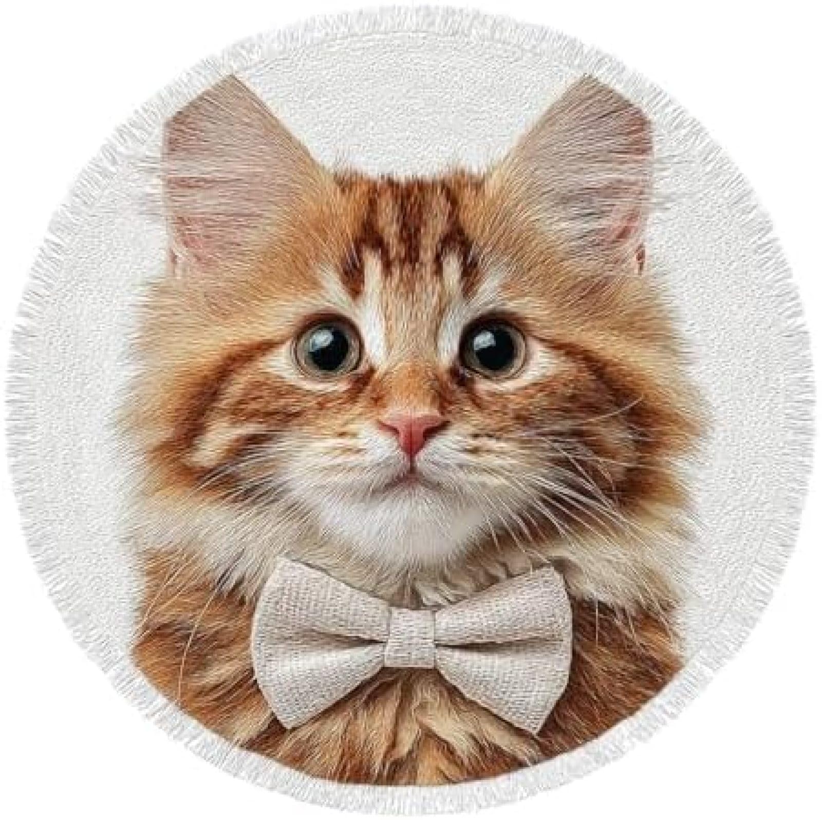 XDEGHUANGSS Latch Hook Rug Kit Somali Cat Cute Kitten with A Bow Tie Round Rug 52x52cm