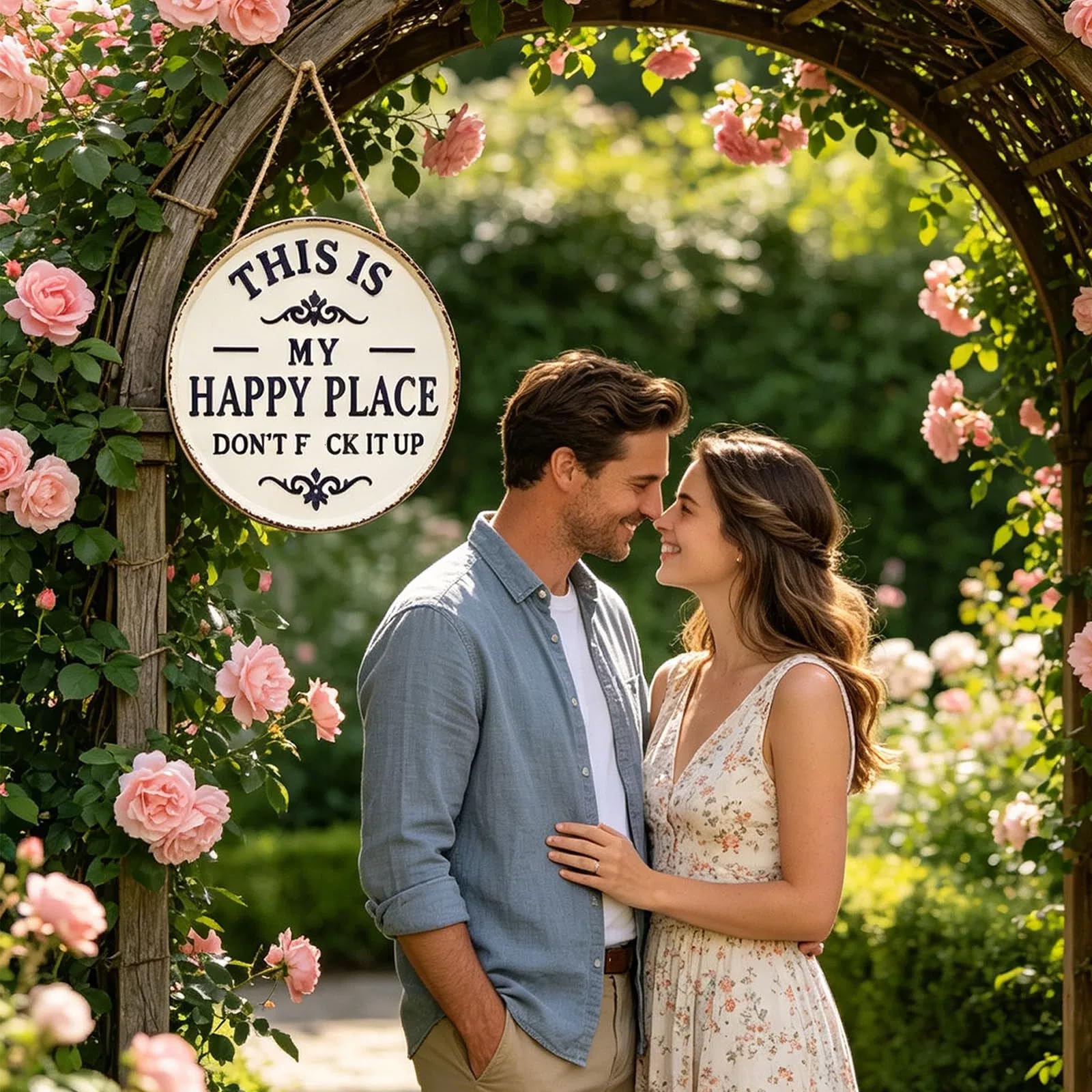 Happy Place Door Sign, “This is My Happy Place Don’t F*ck It Up” Vintage Welcome Metal Sign Round Wall Decor, Funny Rustic Garden Plaque for Front Door Home Kitchen Patio Housewarming Gift (20cm) — view 6