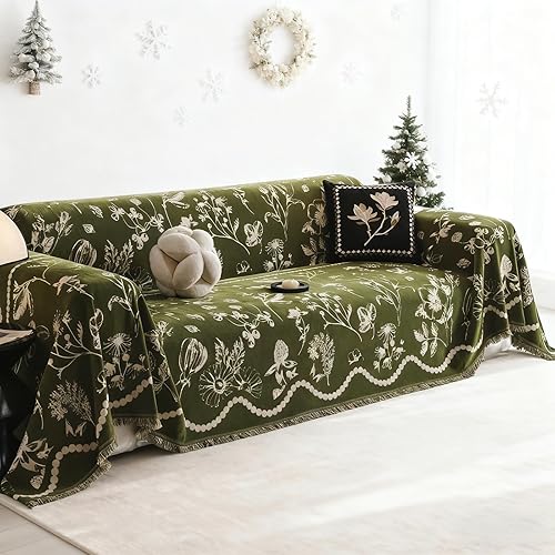 DREAMINGO Funda de sofá floral verde rústico jacquard botánico para sofá de 2 plazas, acogedora funda de felpilla para sala de estar, muebles de