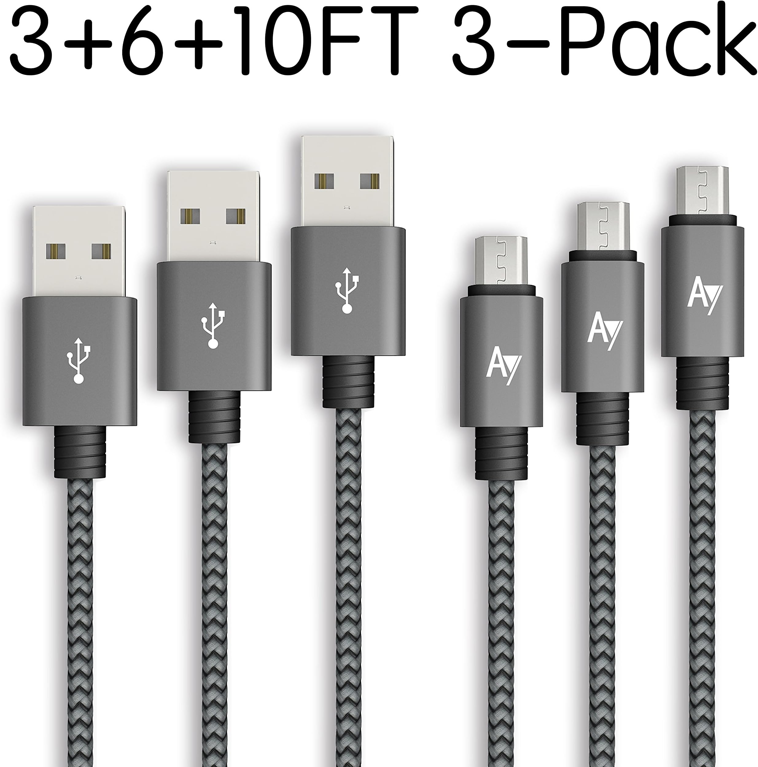 AYIPE Micro USB Cable [3-Pack] - 3+6+10 Feet (1+2+3 Meters) - GrayBlack - Nylon Braided Tangle-Free Micro USB Cable