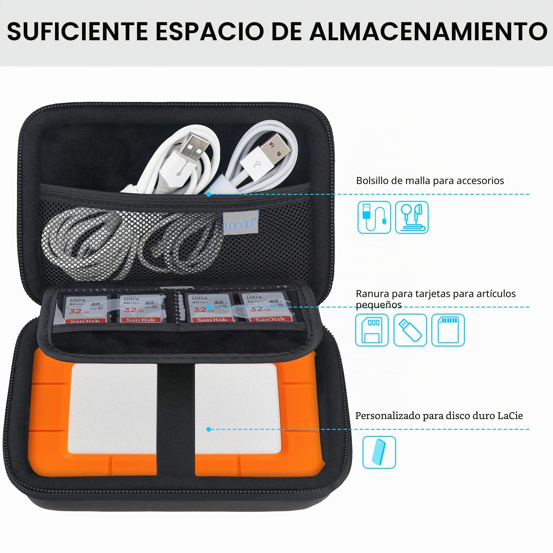 Lacdo Estuche de Transporte para Disco Duro para LaCie Rugged/Rugged Mini/Rugged Thunderbolt USB-C External Hard Drive Portable HDD LAC9000298 1TB 2TB 4TB 5TB EVA Bolsa de Transporte, Negro