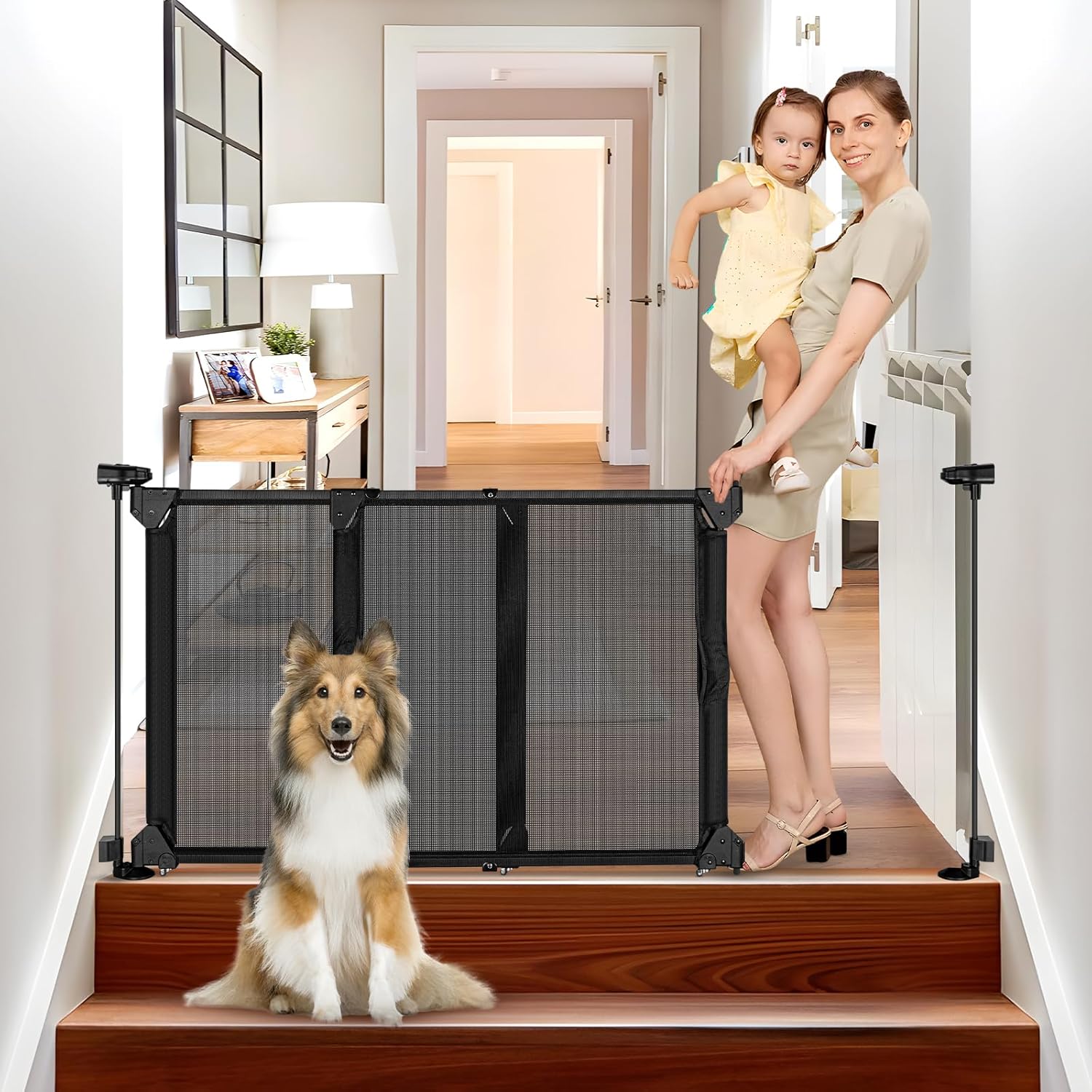Sliding Dog Gate for Doorways Expandable 32″-55″ Wide No Bottom Bar Adjustable Dog Gate 28 Inch Tall Step Over Outdoor Mesh Baby Gate Mesh Dog Gate for Stairs Dog Gate Indoor Pet Barrier (Black)