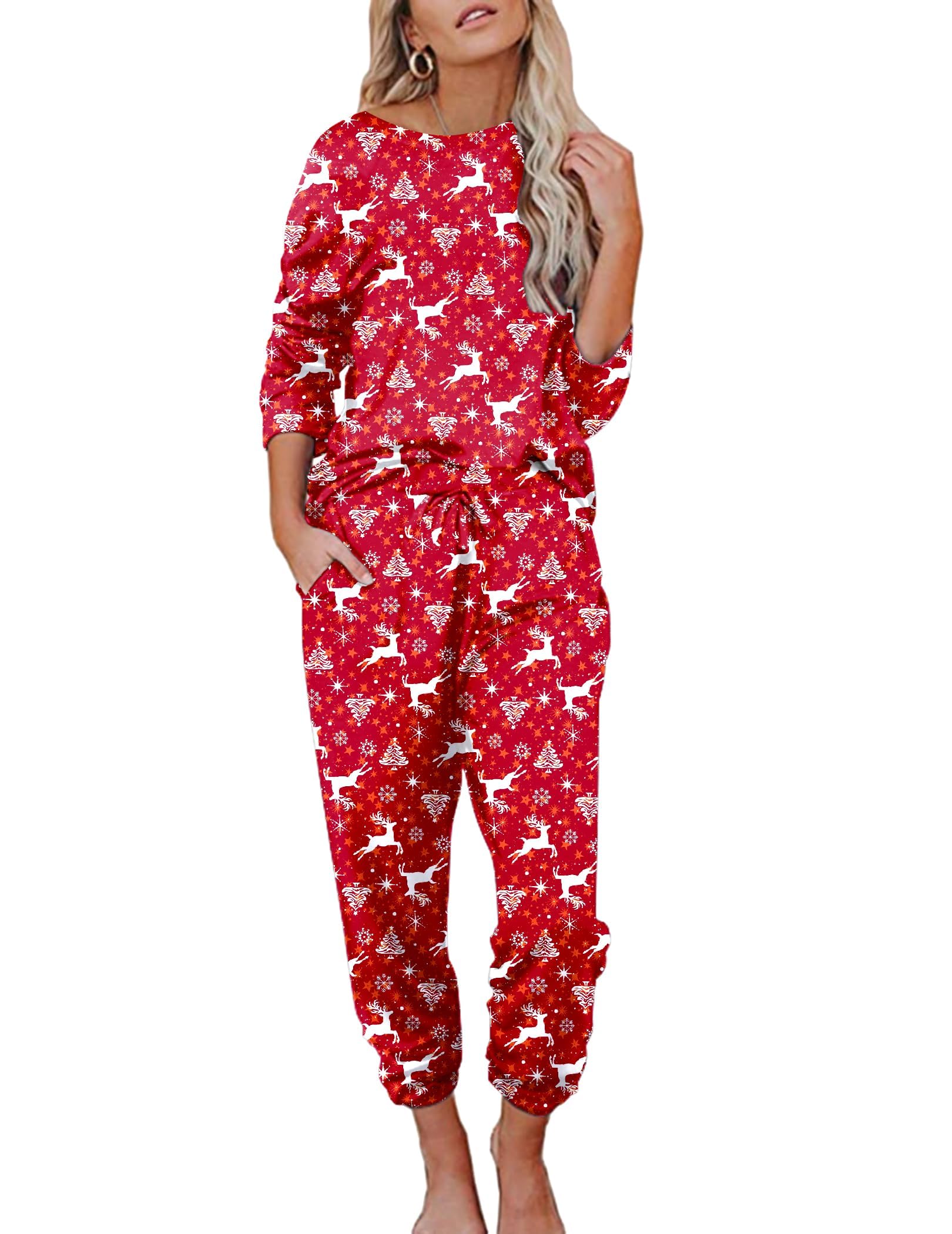 Ekouaer Damen Schlafanzug Lang Weich Pyjama Set mit Taschen Zweiteiler Sleepwear Winter Hausanzug S-XXL