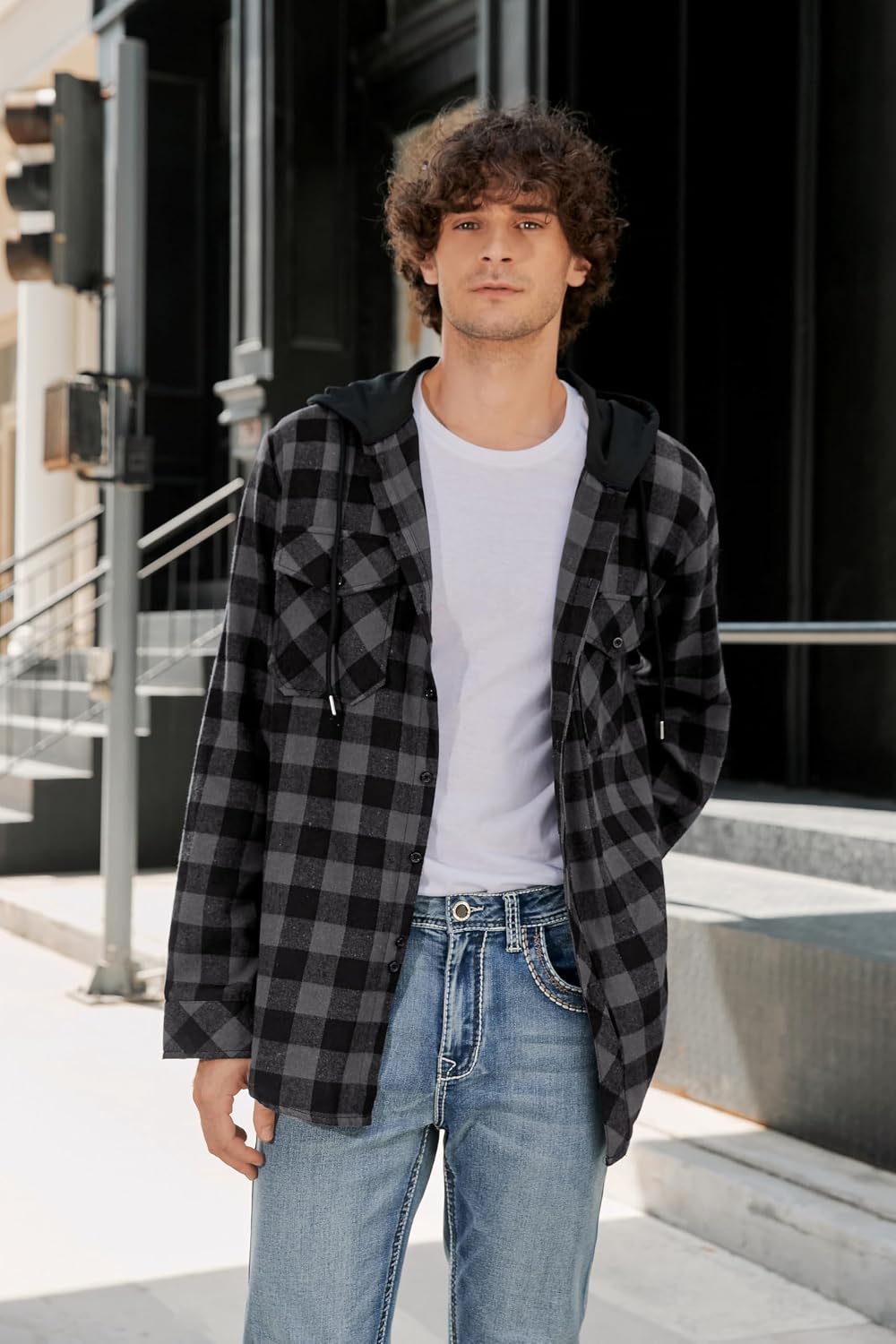 Cromoncent Mens Flannel Hoodie Shirts Plaid Button Down Flannel Shirt Jacket Stylish Long Sleeve Shirts with Pockets