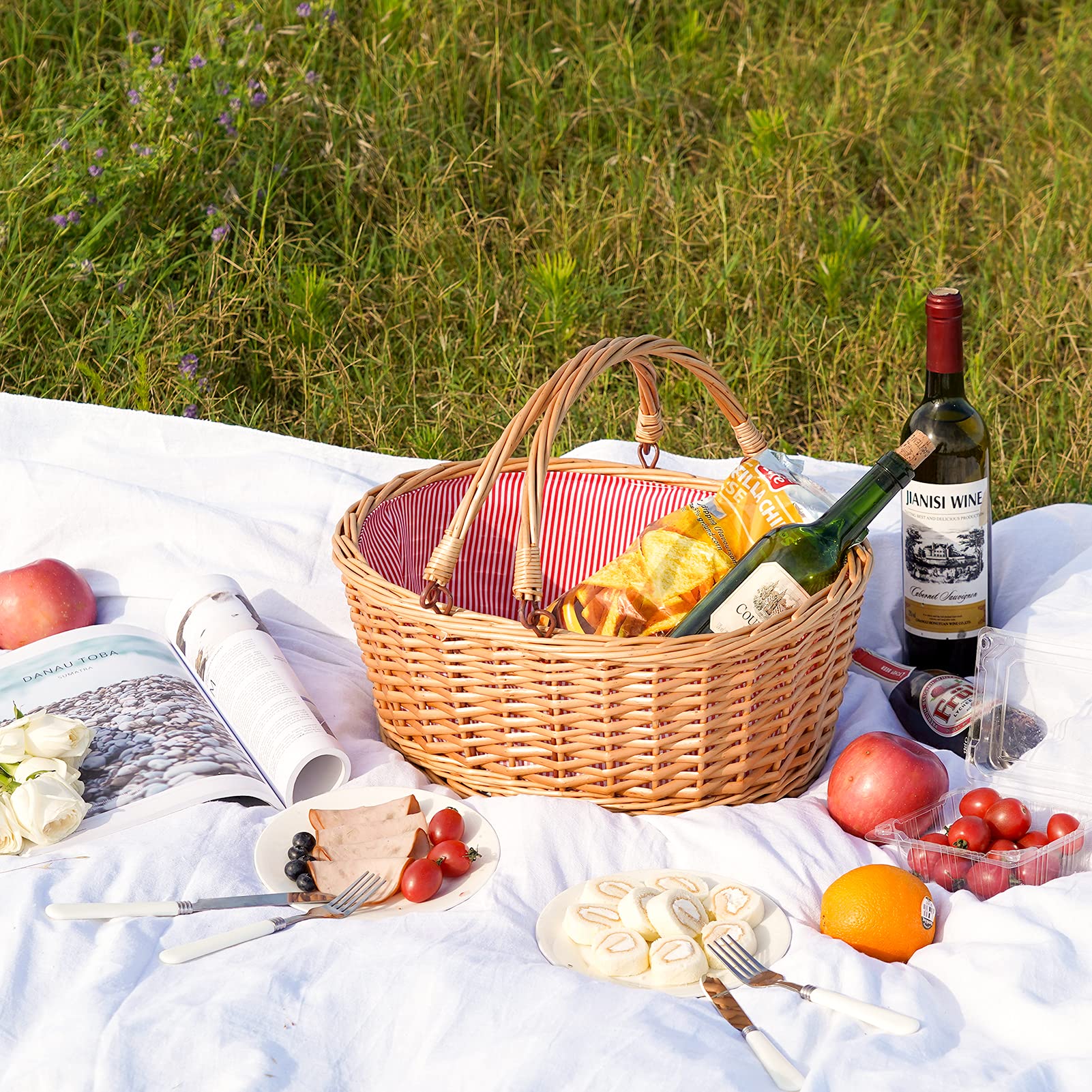 Cesta de picnic de mimbre con asas dobles plegables, cesta vacía de sauce grande natural, cesta vacía, huevos de Pascua, cesta de vino para juguetes, flores, bodas (rojo, 16 pulgadas)
