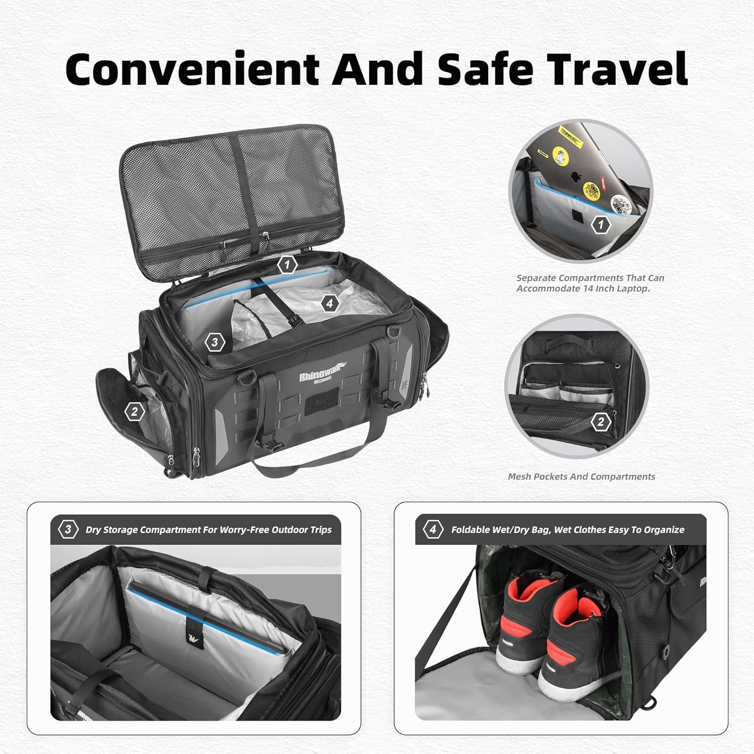 Motorcycle Tail Bag Expandable 50-70L Travel Luggage with Rain Cover Backpack & Molle System-Black