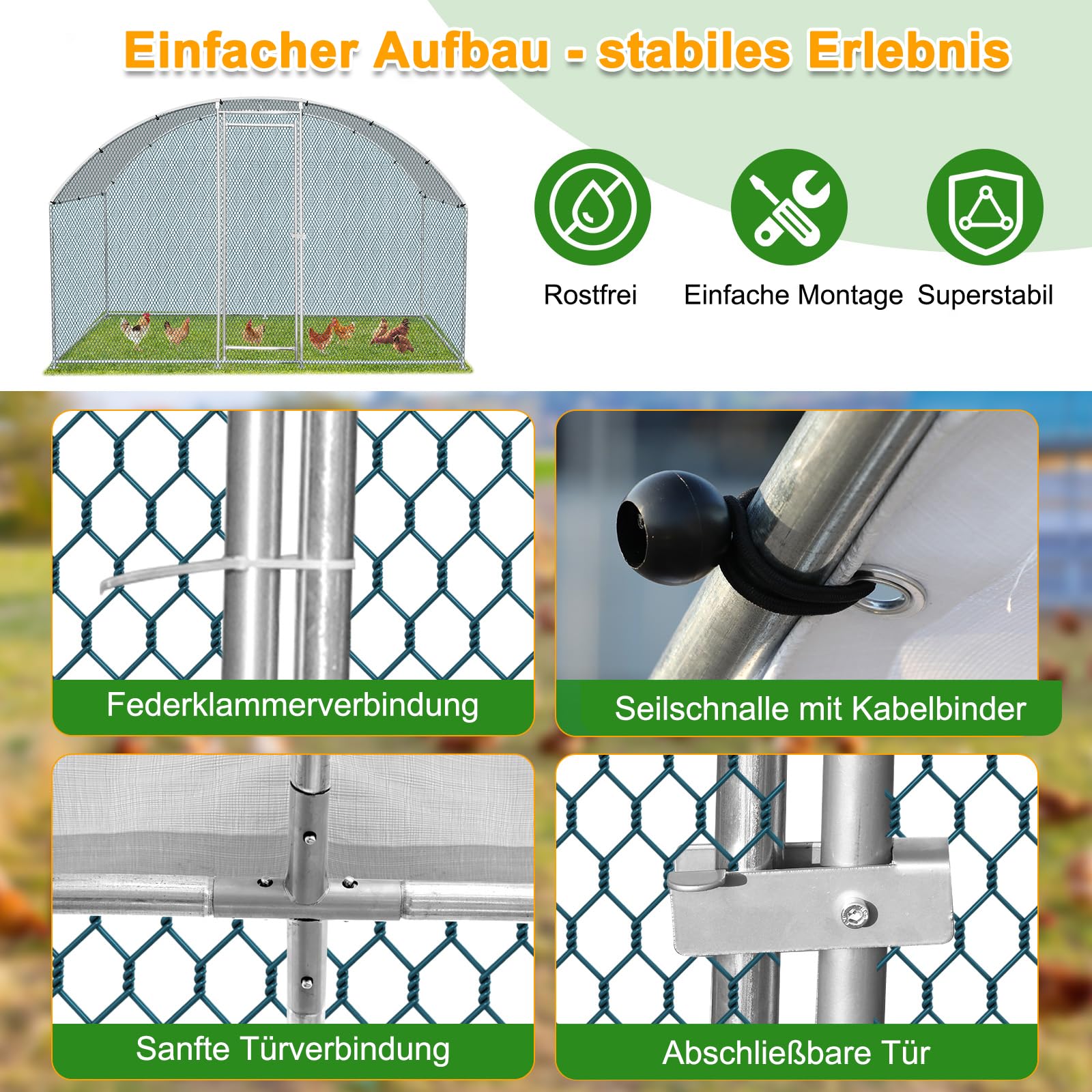 LEADZM Gallinero, 3 x 2 x 2 m, cercado para gallinas, 6 m², gran recinto con polietileno impermeable, de acero galvanizado, cúpula