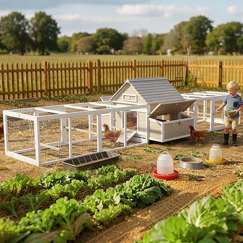 Ketive Extra Large Chicken Coop with 2 Runs for 8–10 Chickens Outdoor Wooden Hen House Poultry Cage with 6 Nesting Boxes, Dual Ramp Doors, Slide-Out Tray & Curved Roof (198.6" L x 38" W x 40.2" H)