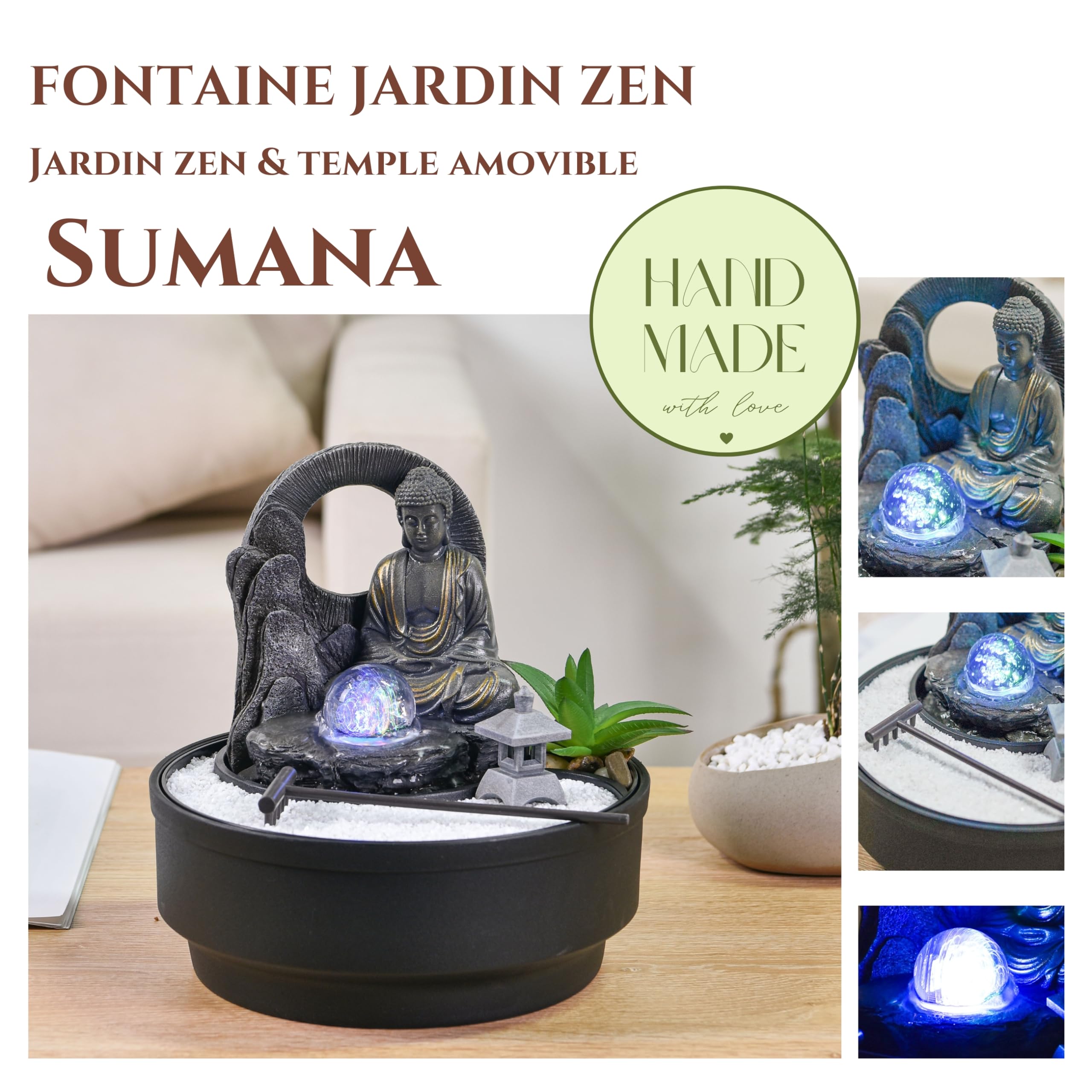 Fontaine d'Intérieur Jardin Zen Sumana Zen’Light Lumière LED Coloré Circuit fermé H21 cm