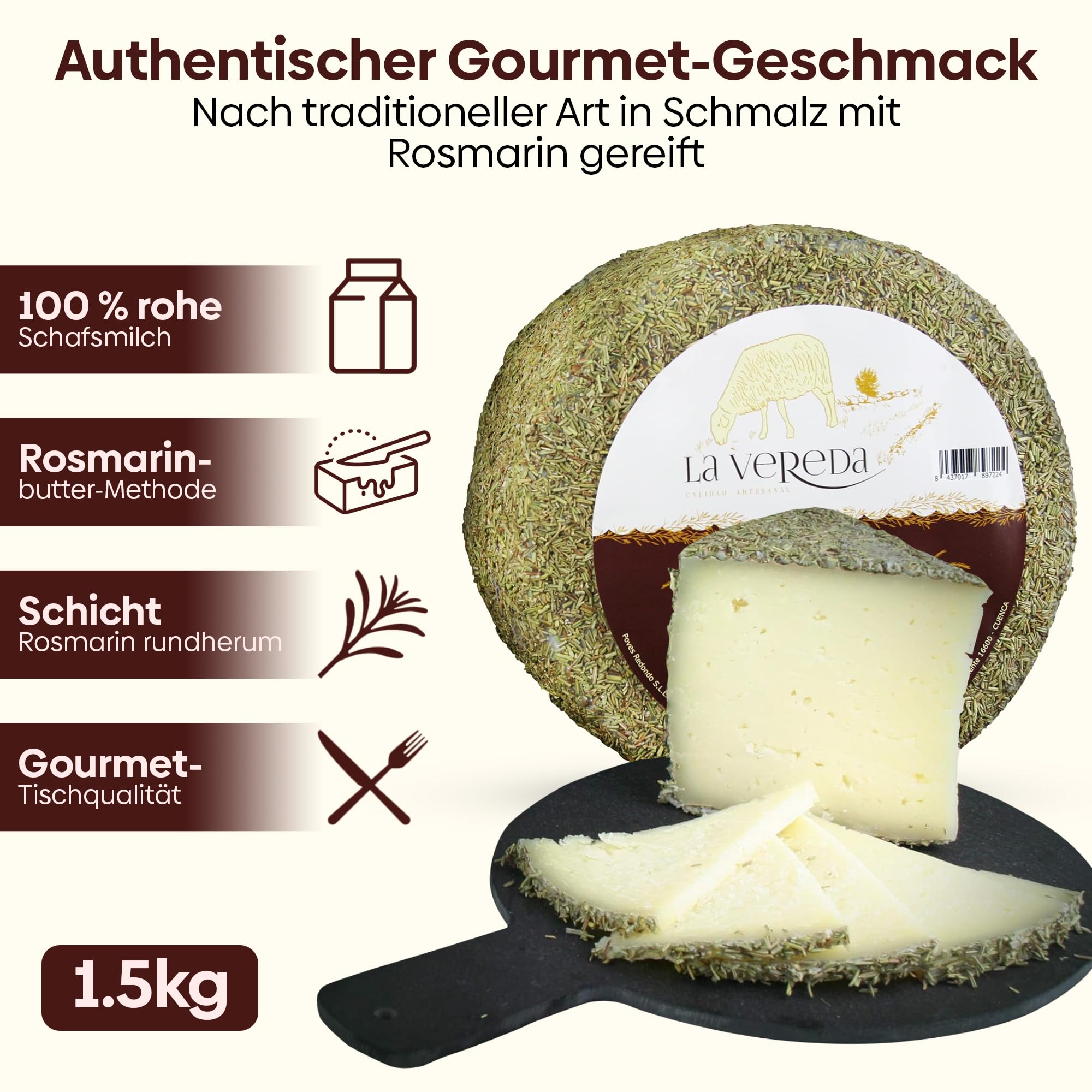 Käse La Aldea Artesano | Gereifter Schafskäse mit Rosmarin 1,5 kg | 6 Monate gereift | Käse aus Rohmilch in handwerklicher Qualität Gourmetkäse zum Verschenken und Geschenkkorb mit Gourmetkäse