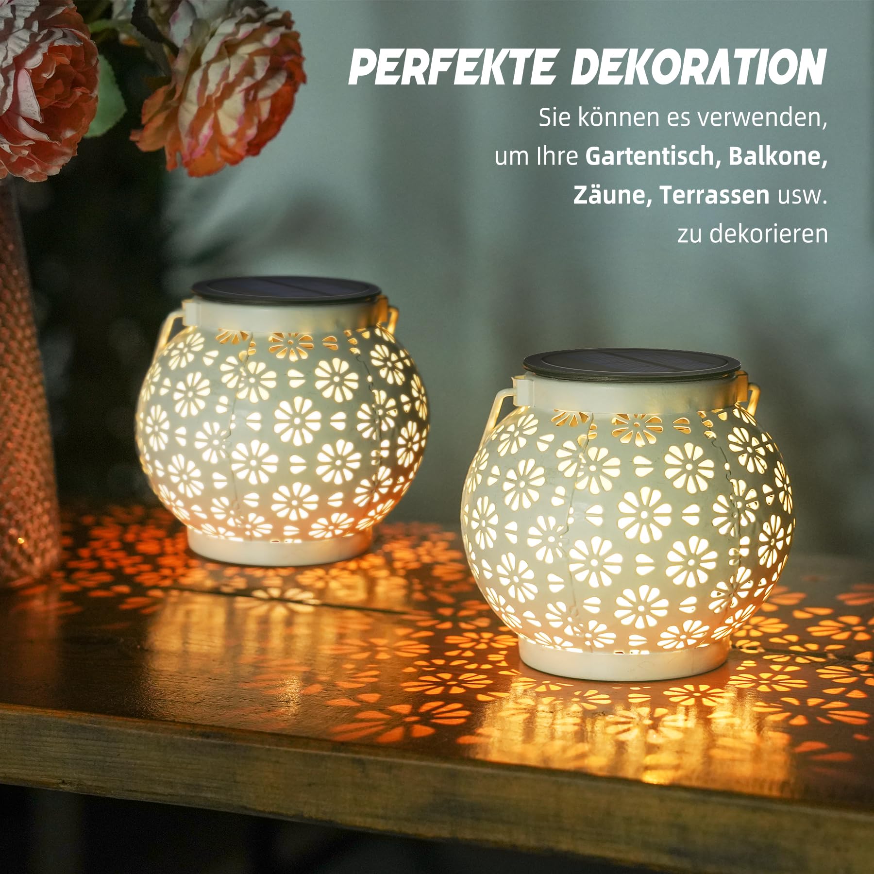 JOYCREATOR Linternas solares, 2 unidades, LED de metal impermeable IP65, 10 horas de vida, para colgar al aire libre, decoración de jardín, porche, mesa, balcón, terraza