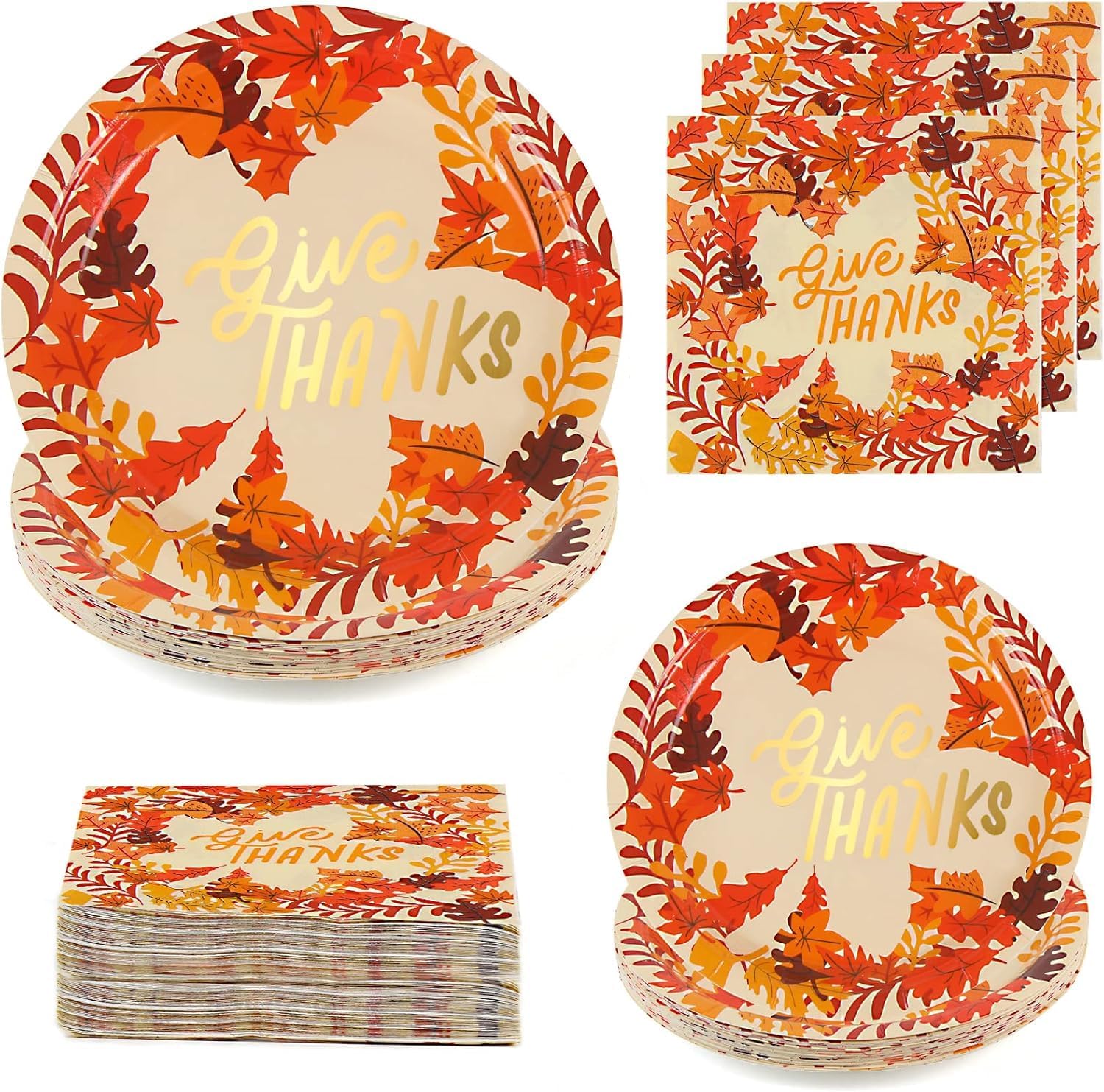 DIYASY 200 Pack Thanksgiving Paper Plates and Napkins, Fall Disposable Plates Dinnerware Heavy Duty Dessert Dinner Plate for 50 Guests Party Supplies