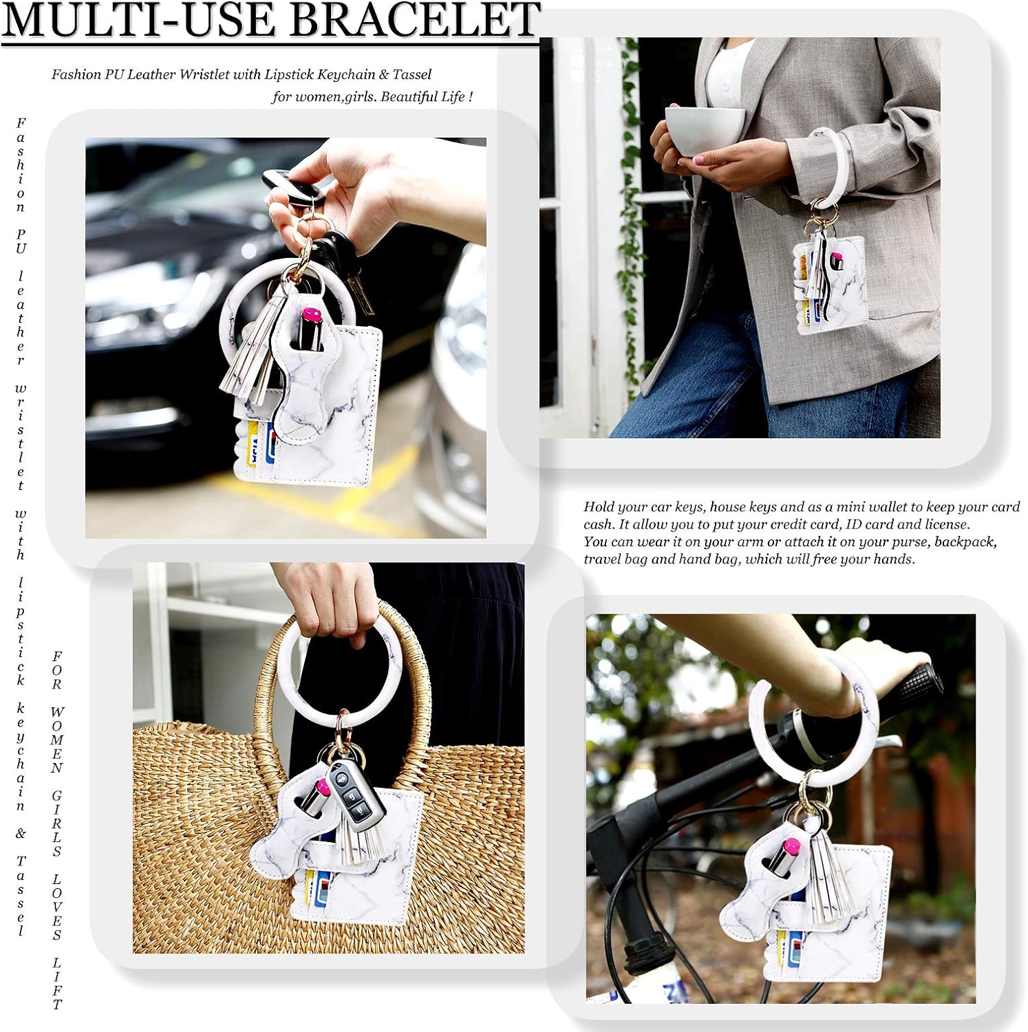 BIHRTC Key Ring Bracelet Wristlet Keychain Bangle Keyring Pocket Credit Card Holder Leather Purse Tassel Keychain Bangle Large Circle Key Ring for Women Girls : Clothing, Shoes & Jewelry