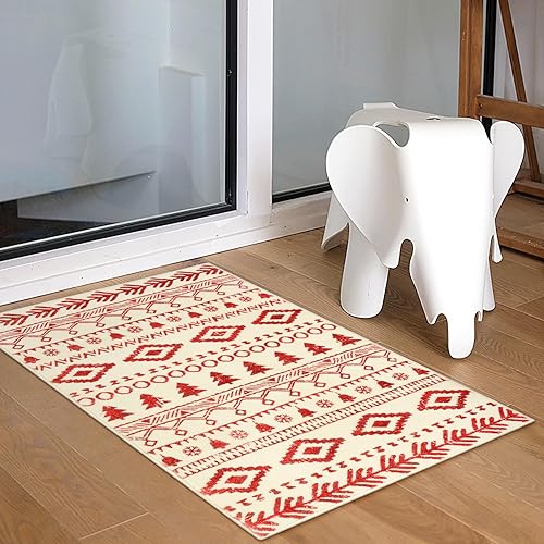 Miniatura 4 de Lahome Alfombra de baño con diseño de copos de nieve rojos, 2 x 3, rústico, marroquí, lavable, con parte trasera de goma suave, antideslizante,