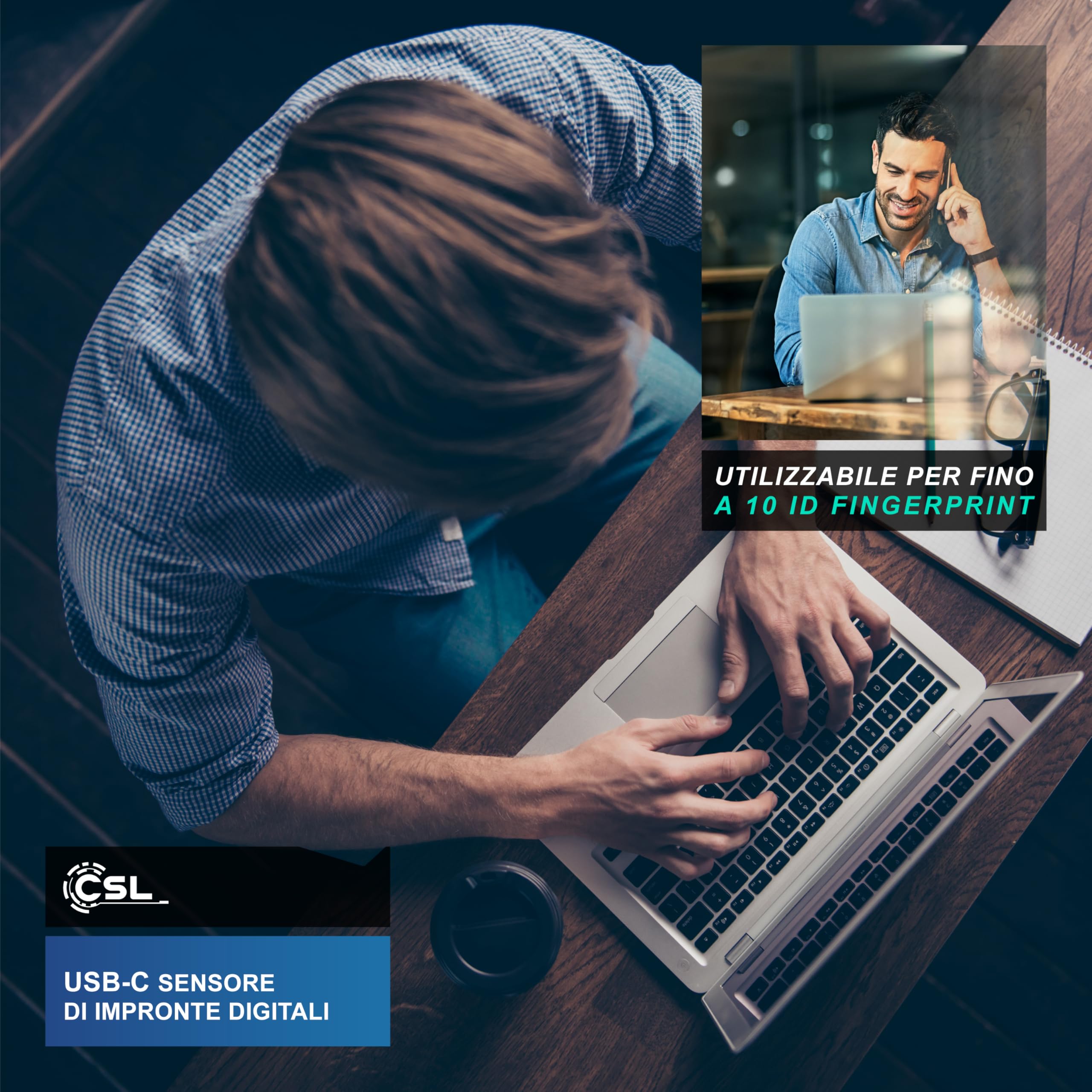 CSL - Chiavetta USB-C con Lettore di Impronte Digitali, Lettore di Impronte digitali USB per Windows10/11, Supporta Fino a 10 ID, Plug & Play, Riconoscimento a 360°, Accesso Biometrico per Laptop