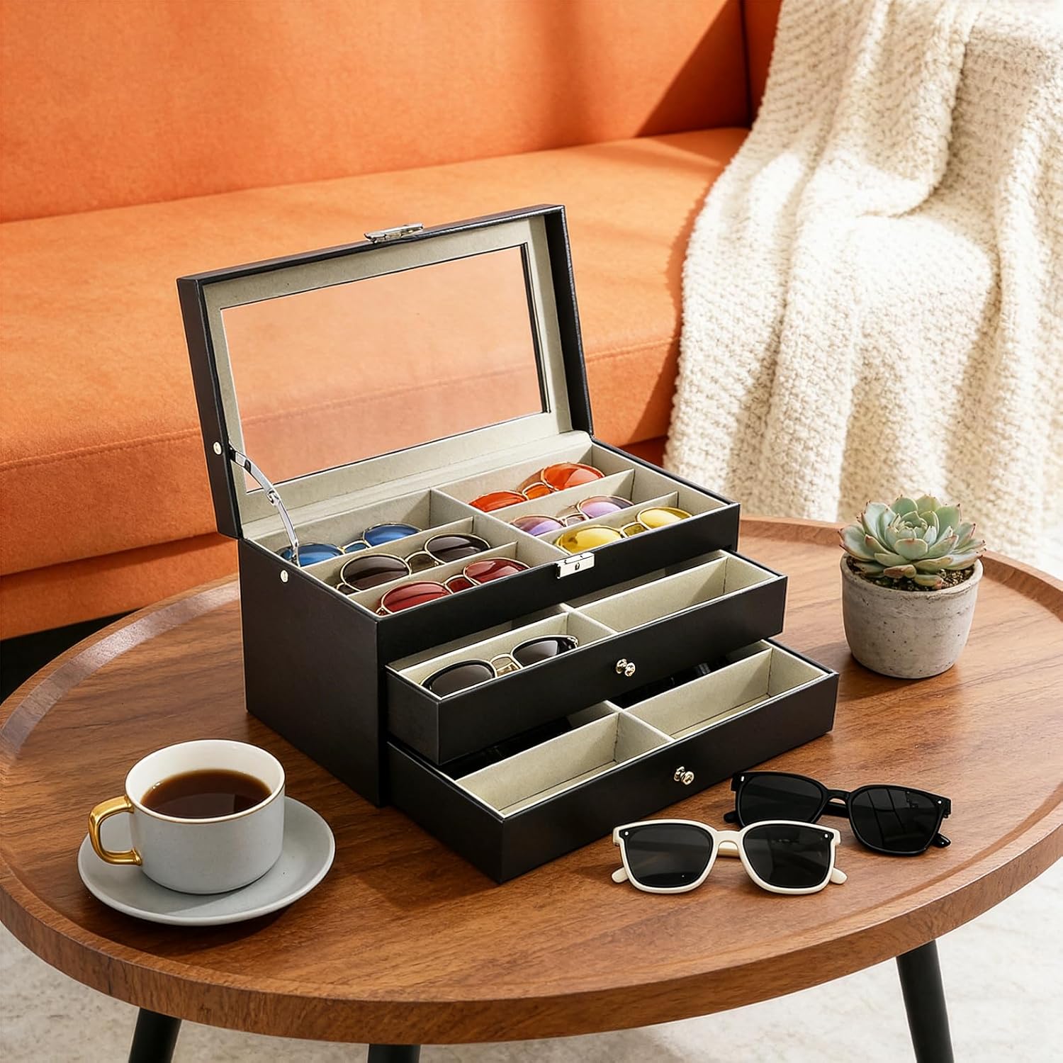 Nicunom 18 Slots Sunglasses Organizer Collector Eyeglasses Sunglass Glasses Storage Box Eyeglasses Eyewear Display Case with Drawer, Lockable, Black