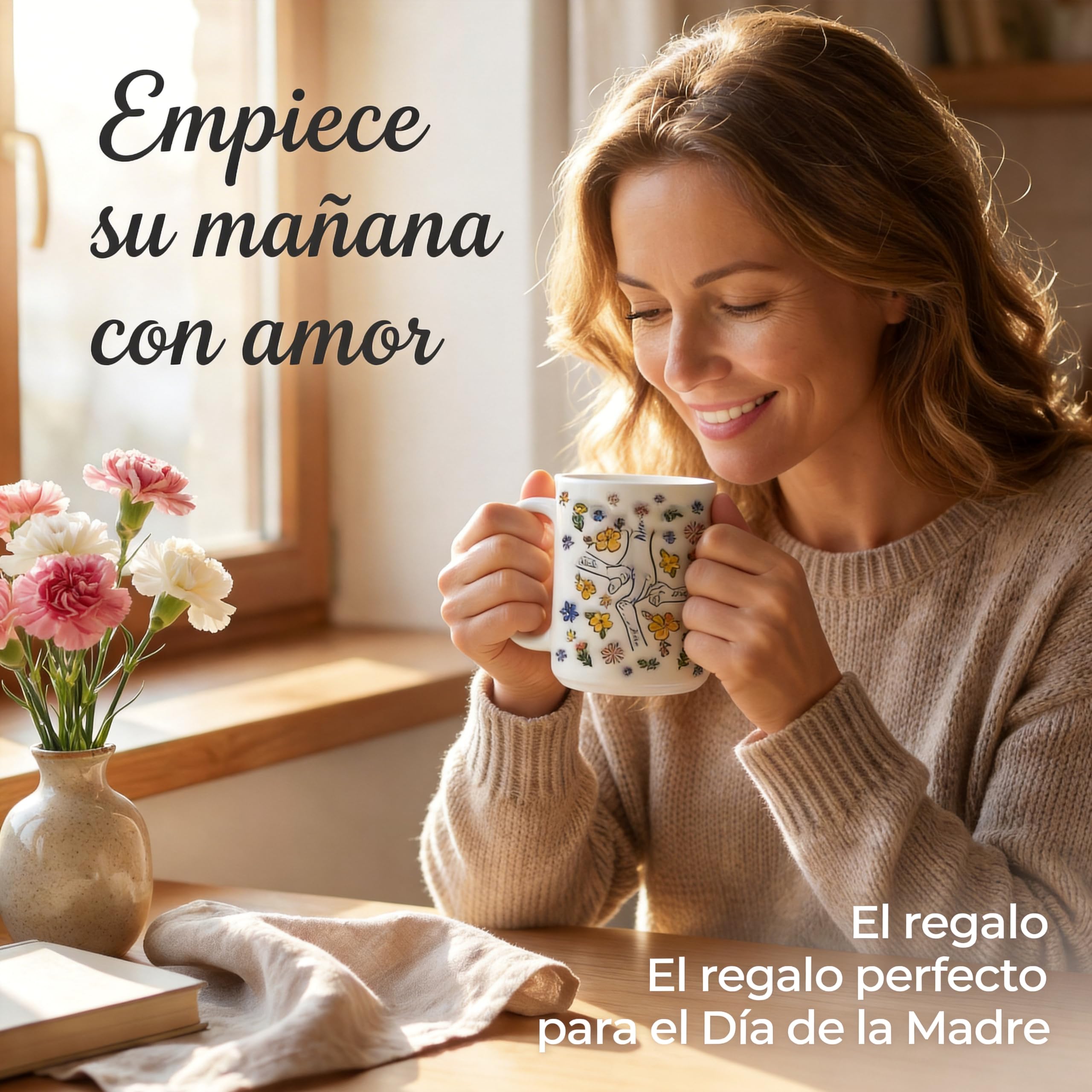 SOUFEEL Taza de abuela personalizada con nieto, abuela, mamá y nietos, flores a mano en mano, regalos personalizados para mamá y abuela, Patrón 3D taza de café, regalo del día de la madre — view 3
