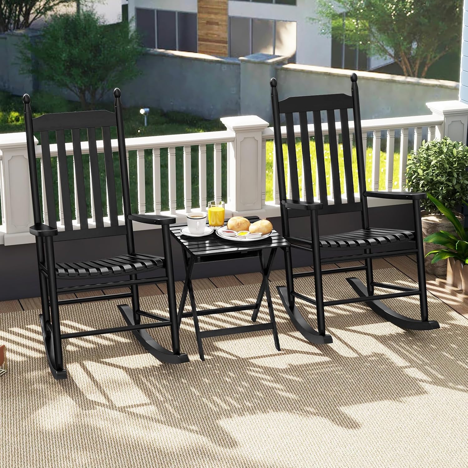 Giantex Outdoor Rocking Chair, All Weather Patio Rocker w/Solid Rocking Base & High-Back, Slatted Seat & Back, Acacia Wood Porch Rocker, Wooden Patio Rocking Chair for Backyard, Poolside, Black