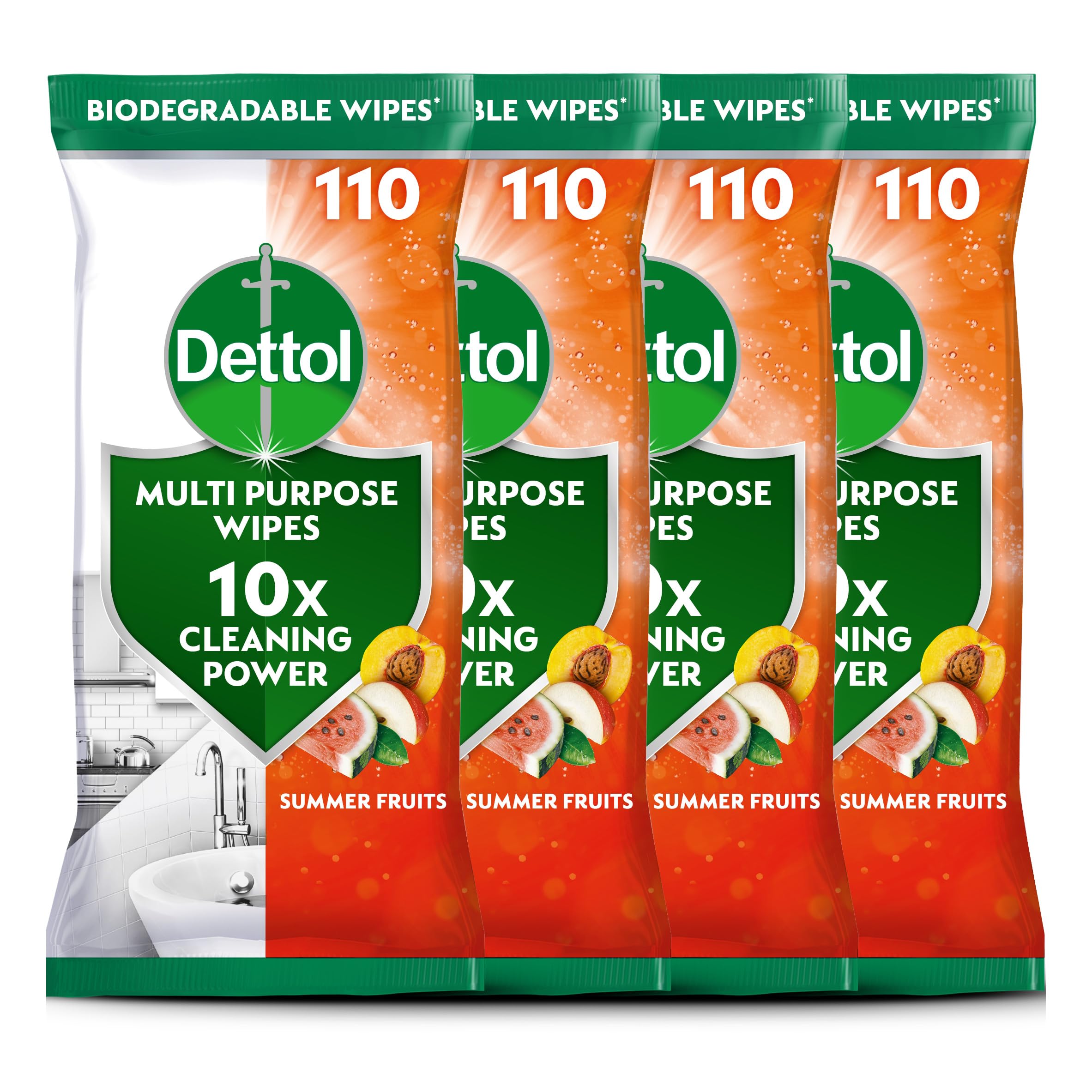 Dettol Antibacterial Multipurpose Disinfectant Wipes, Summer Fruit Scent, 4 Pack of 110 (Total 440), Germ Protection, Surface Cleaner, Hygienic, Convenient, Fresh Fragrance