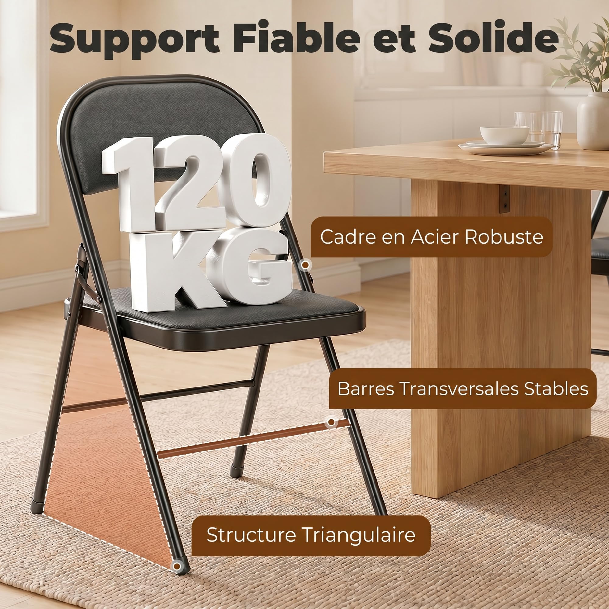 HOMCOM Lot de 4 chaises Pliantes chaises de Salle à Manger Portables Chaise Pliable d'intérieur avec Coussin en revêtement synthétique et Cadre en Acier dim. 45l x 46P x 78H cm Noir