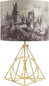 Harry Potter Figural Table Lamp 16" Tall Gold Wire Base with Printed Hogwarts Shade, Decorative Kids Desk or Nightstand Lamp for Bedroom, Playroom, or Study Area