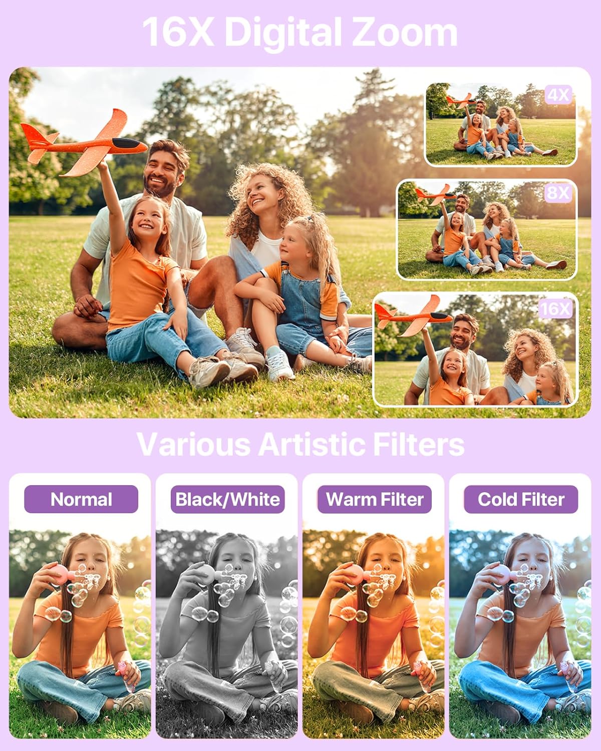 Digital Camera for Kids, FHD 1080P 44MP Vlogging Camera (Purple Color Cameras Without Card), 16X Zoom Point and Shoot Kids Digital Camera Compact Portable Rechargeable Cameras for Kids -Purple