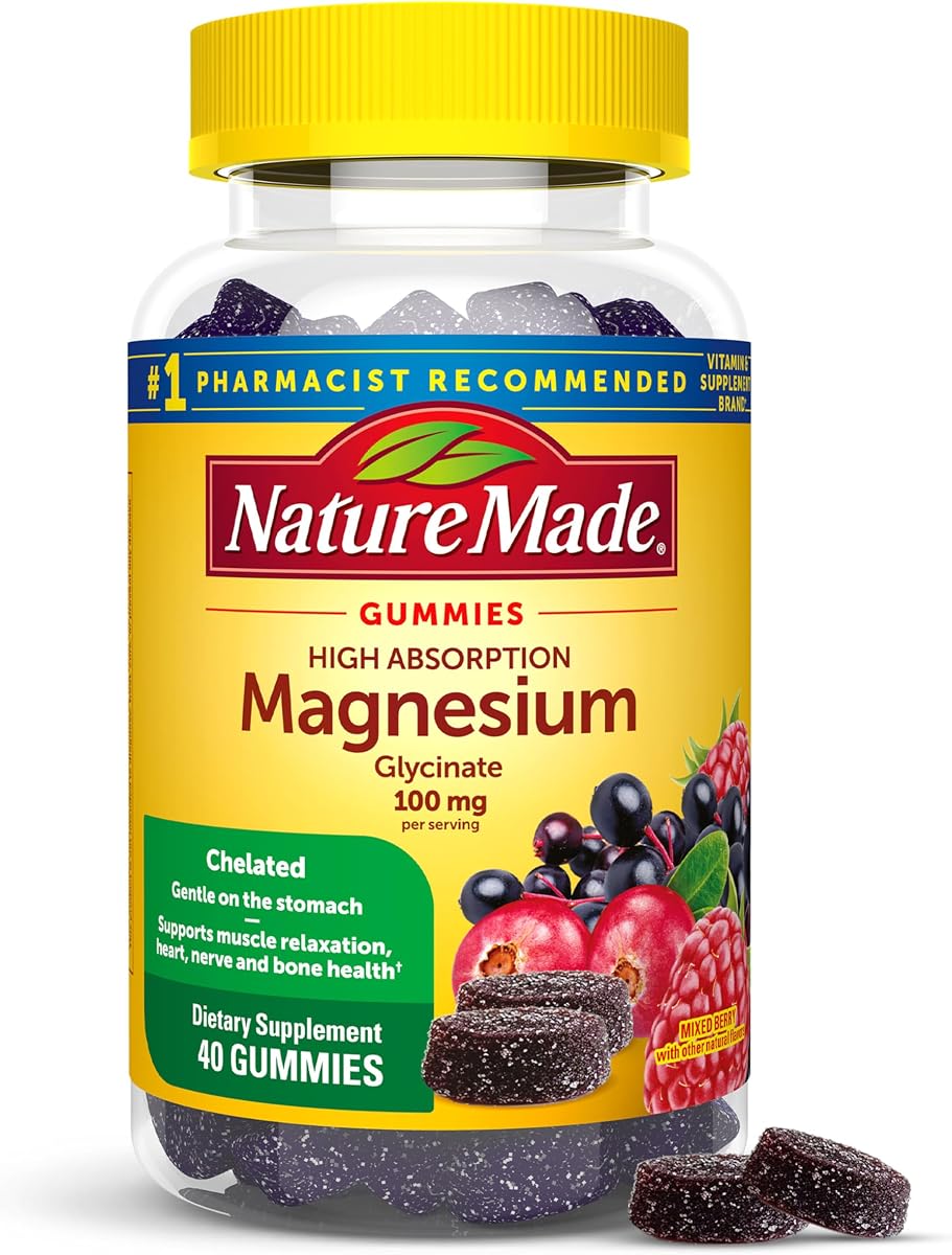 Gomitas de glicinato de magnesio de alta absorción Nature Made, 40 unidades | Suplemento de magnesio 100 mg por porción para apoyo muscular, nervioso, óseo y cardíaco, gomitas de magnesio, suministro para 20 días