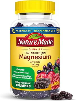 Nature Made High Absorption Magnesium Glycinate Gummies, 40 Count | Magnesium Supplement 100 mg per Serving for Muscle, Nerve, Bone and Heart Support, Magnesium Gummies, 20 Day Supply