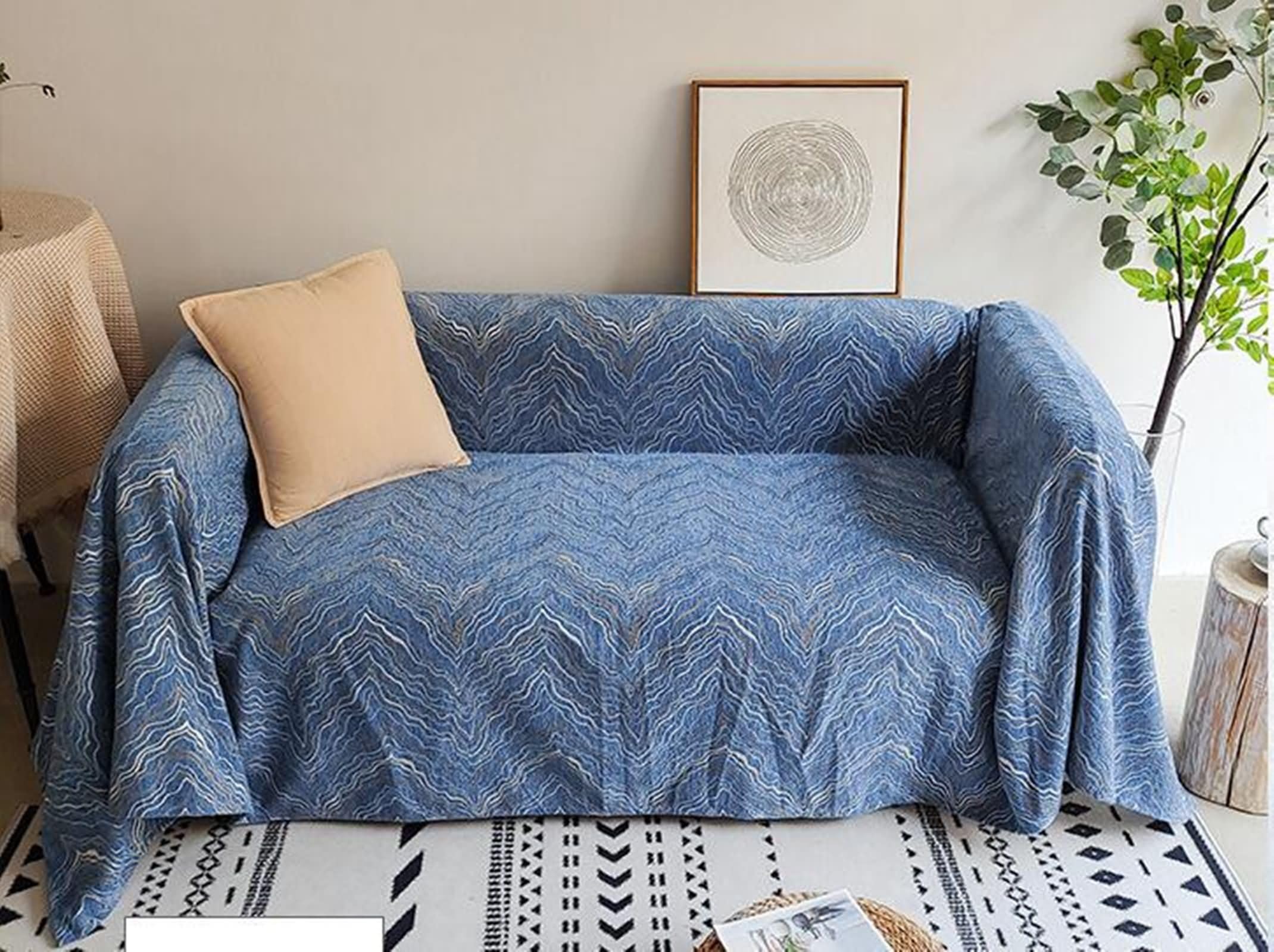 Copripoltrona 1 Posto,Coperta Divano Letto Blu Copridivano Divano Angolare 180x180CM Copripoltrona Ciniglia Marmorizzato Strutturato
