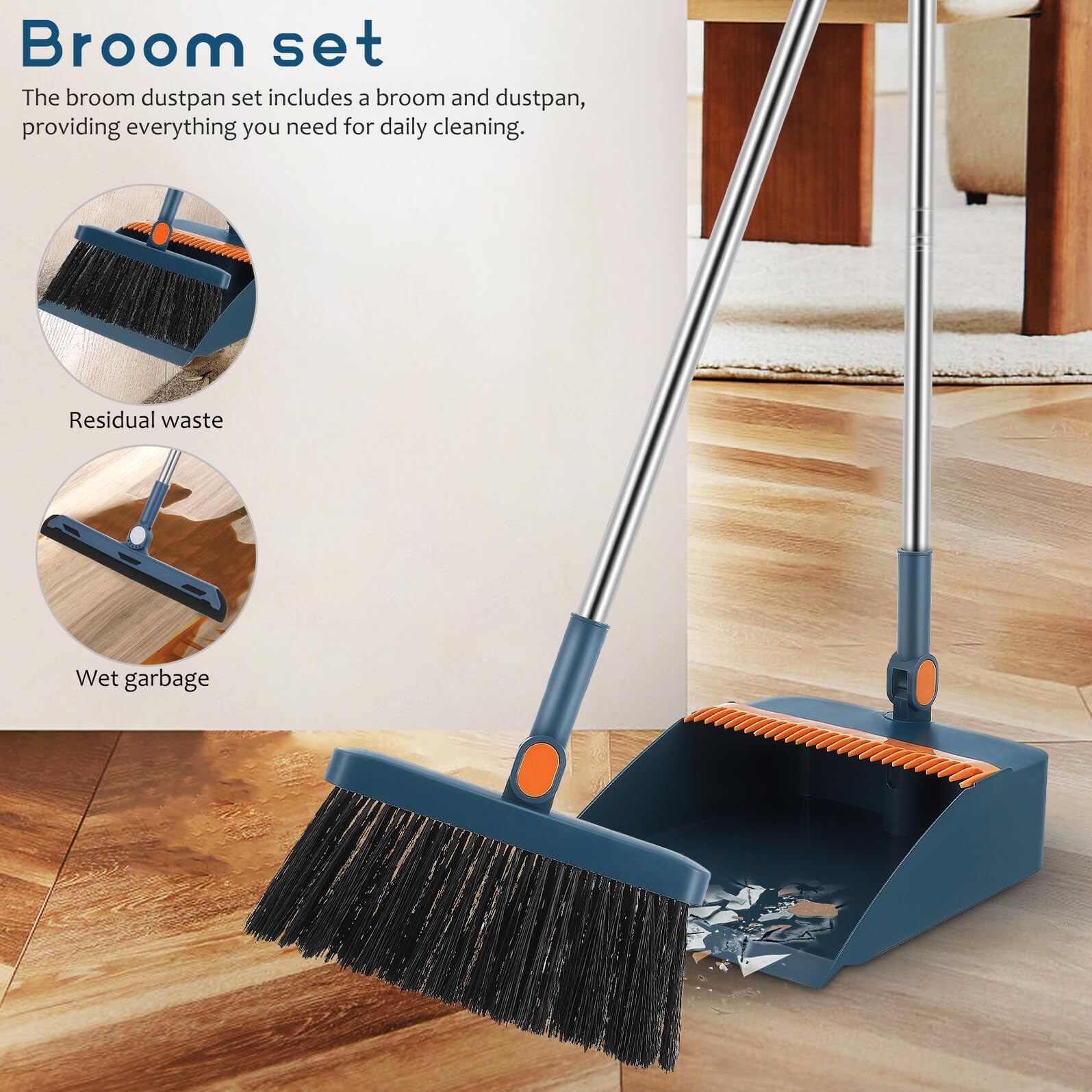 ORFOFE Juego Compacto de Escoba y Recogedor Plegables y Resistente de Plástico Azul, Multi-Funcional para Limpieza Hogar y Oficina