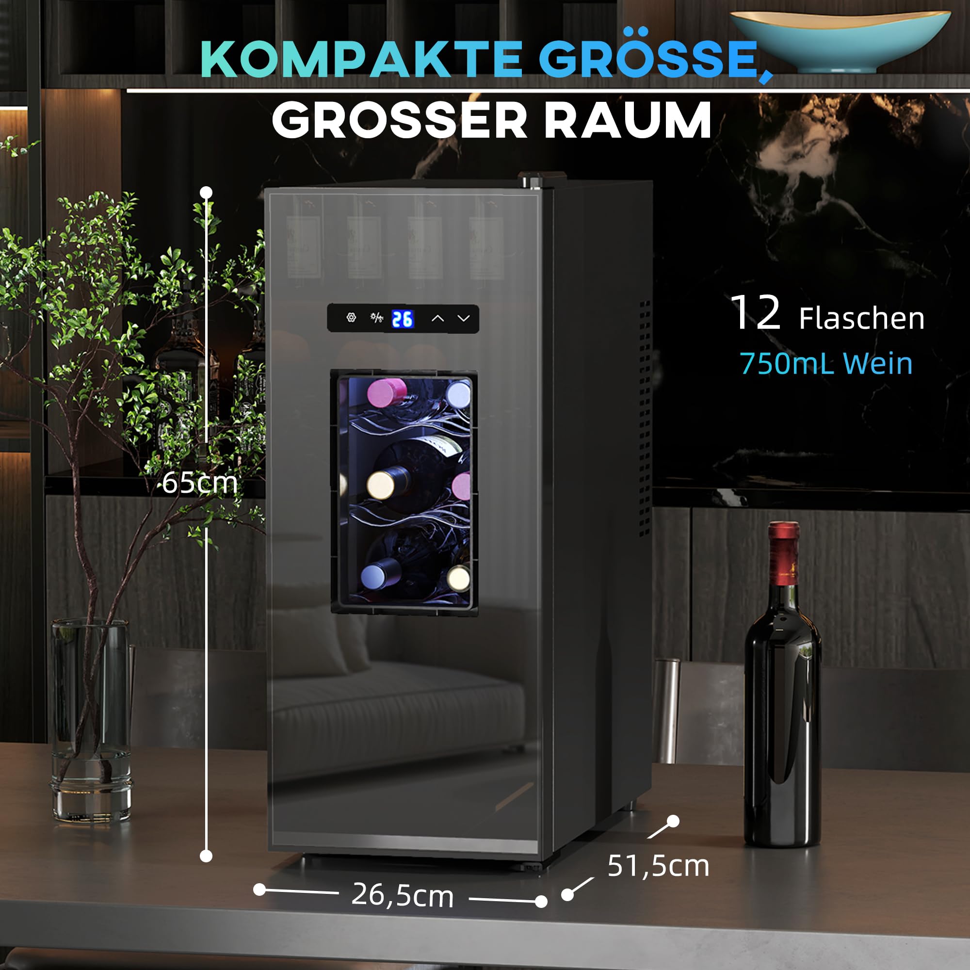 HOMCOM Weinkühlschrank Kompressor 12 Flaschen 30L Getränkekühlschrank 8-18°C Touchscreen Glastür LED-Beleuchtung Schwarz