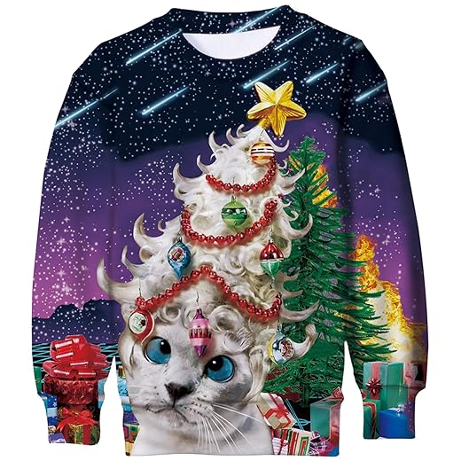 BFUSTYLE 8-9 Years Old Crazy Christmas Sweaters Fire Meteor Ball Hipster Pullover Sweatshirt Cat Christmas Tree Present 3D Xmas Crewneck Top Pullover Sweaters
