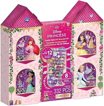 Make It Real: Disney Princess: Castle Style DIY Bracelet Kit - 332 pcs Jewelry Set, Create 12 Bracelets, 8 Exclusive Charms, Girls & Kids Ages 6+