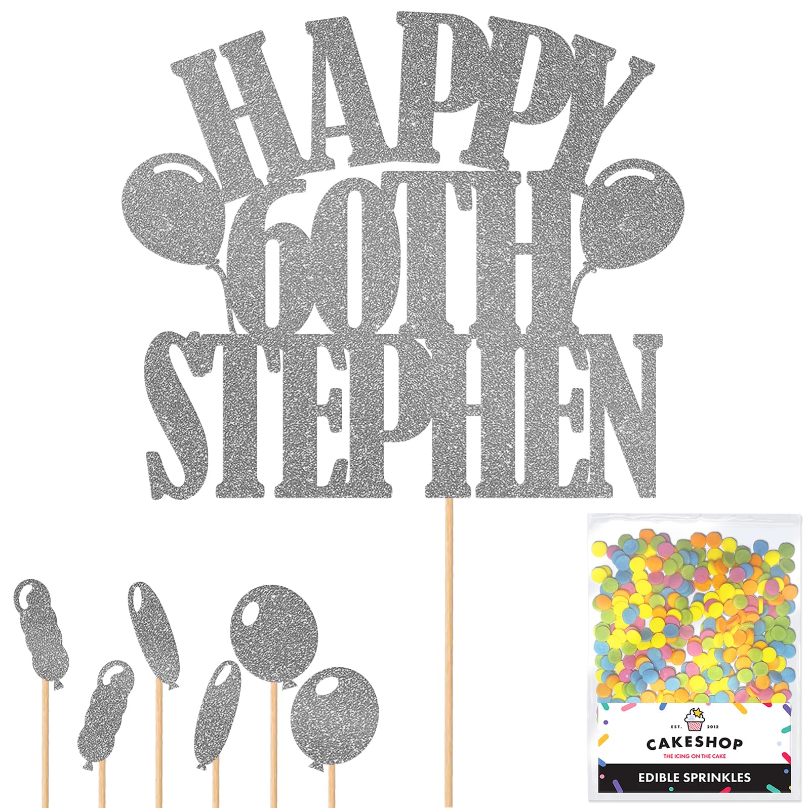 Personalised Happy Birthday Glitter Cake Topper Balloons - Dark Silver Any Name Age Glitter Cake Decoration and Sprinkles - Happy Birthday Decorations - Personalised Toppers for Cakes by Cakeshop