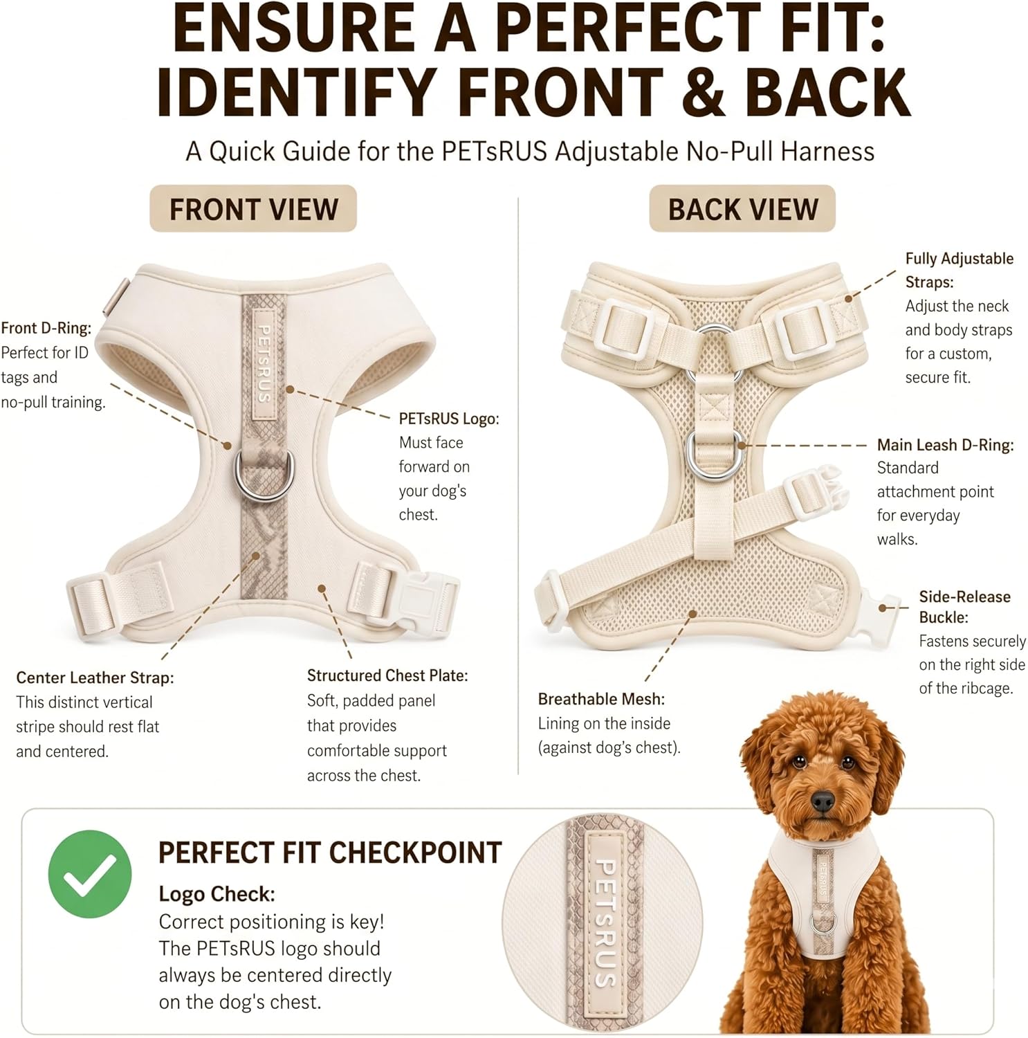 Premium No-Pull Dog Harness Soft Neoprene & Breathable Mesh Vest with Front & Back Clip D-Rings Adjustable Lightweight Walking Harness for Puppies, Small & Medium Dogs (Off White Snake, XS)