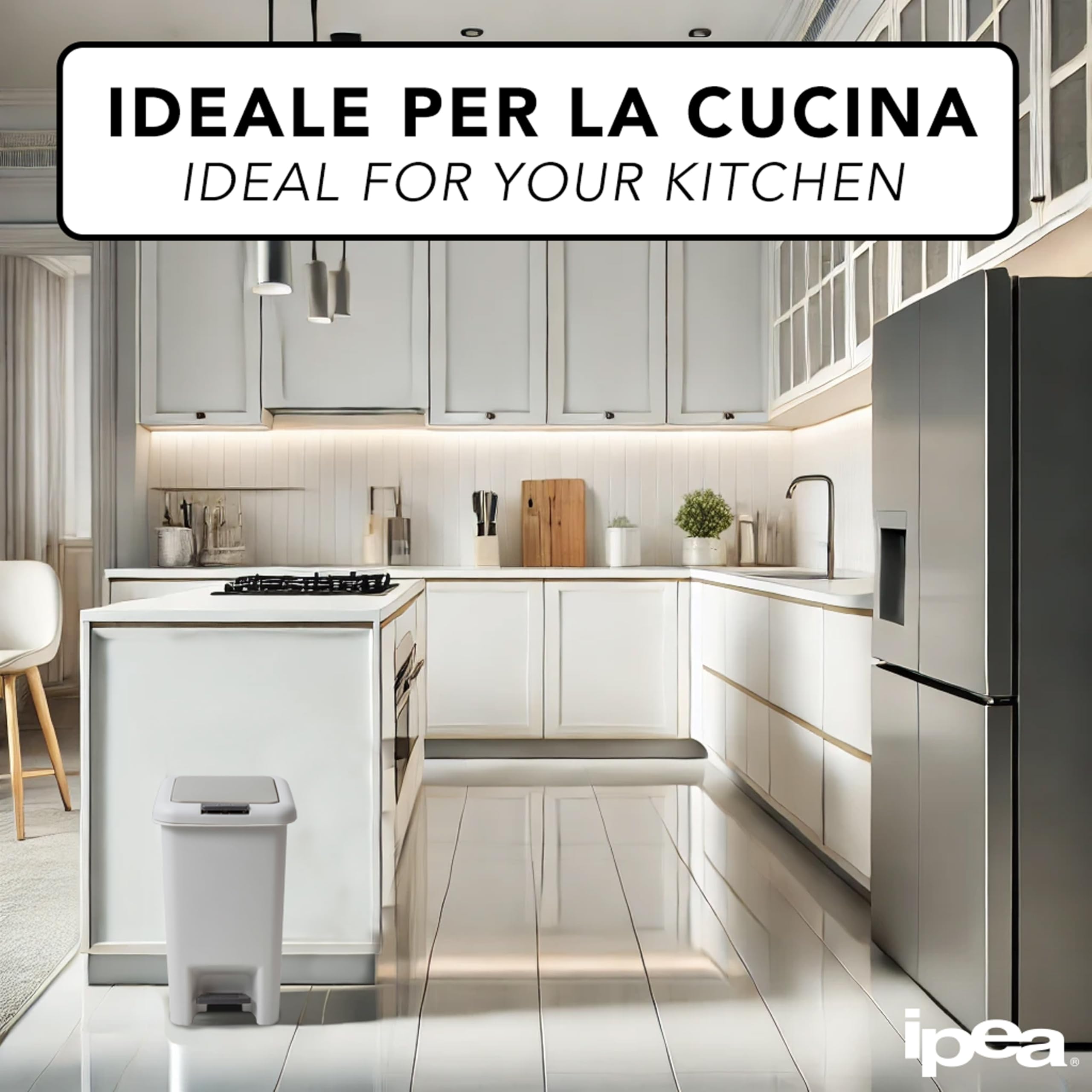 IPEA Cestino della Spazzatura in Plastica Piccolo - 6,5 Litri - Con Innovativa Doppia Apertura Pedale e Pulsante - Design Minimal ed Elegante - Pattumiera Rifiuti Casa, Cucina, Bagno - Grigio Chiaro