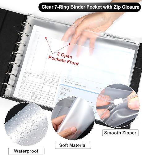 Miniatura 4 de SUNEE Funda para chequera de 7 anillos con bolsa de cremallera, capacidad de 600 cheques para hoja de 9 x 13 pulgadas, carpeta de cheques negra de