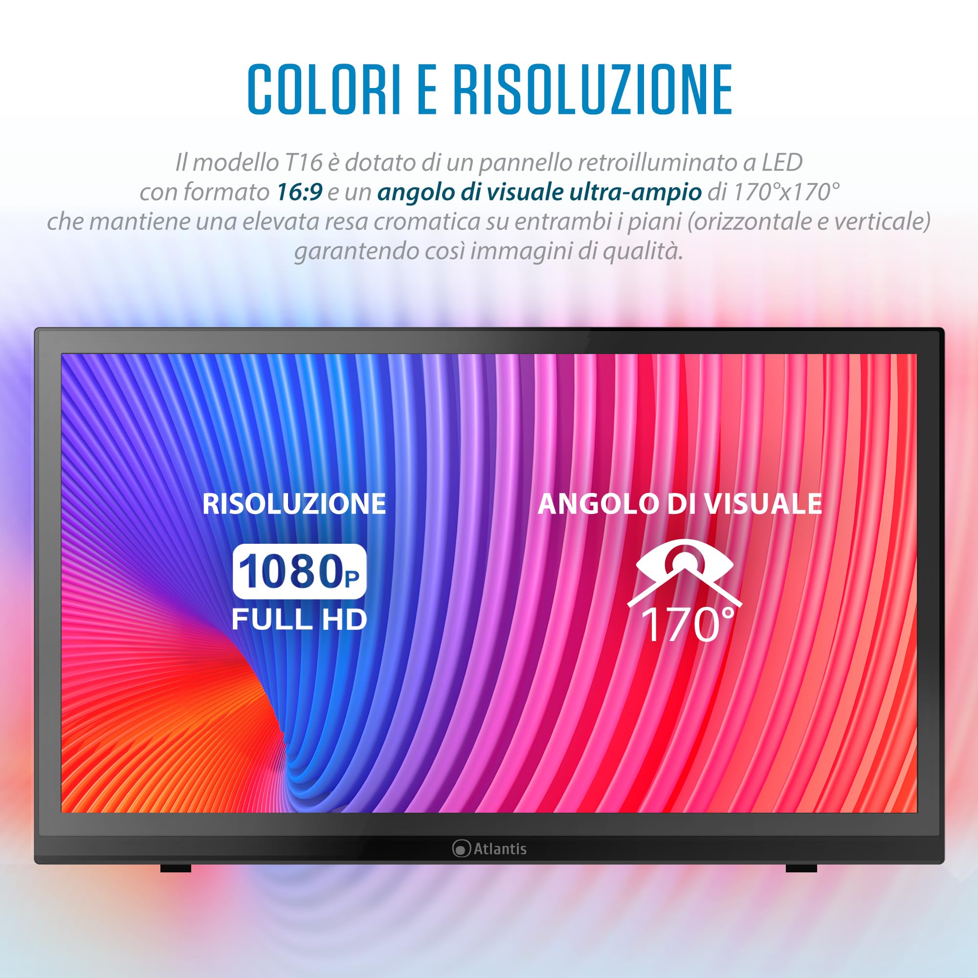 Atlantis Monitor Touch 16 pollici Full HD a 10 tocchi, inclinabile | FHD 1920x1080, HDMI/VGA, inclinazione 15°-50°, vetro protettivo 7H, contrasto 800:1, VESA 75, cod. A05-T16A-VHM