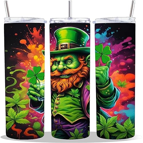 20 oz Insulated Double Wall Stainless Steel Tumbler with Spill Proof Lid and Reusable Straw, Water Bottle Coffee Cups Travel Mug, Smoke High Marijuana 420 Weed Cup Mug Tumbler (StPatrick)