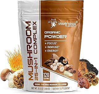 WELLNESS LABSRX Mushroom Powder, 25 in 1 Mushrooms Supplement - 2000mg, 25 Superfood Mishroom Lions Mane Powder with Chaga, Shiitake, Cordyceps, Reishi - Lion's Mane Mushroom - 120 Servings